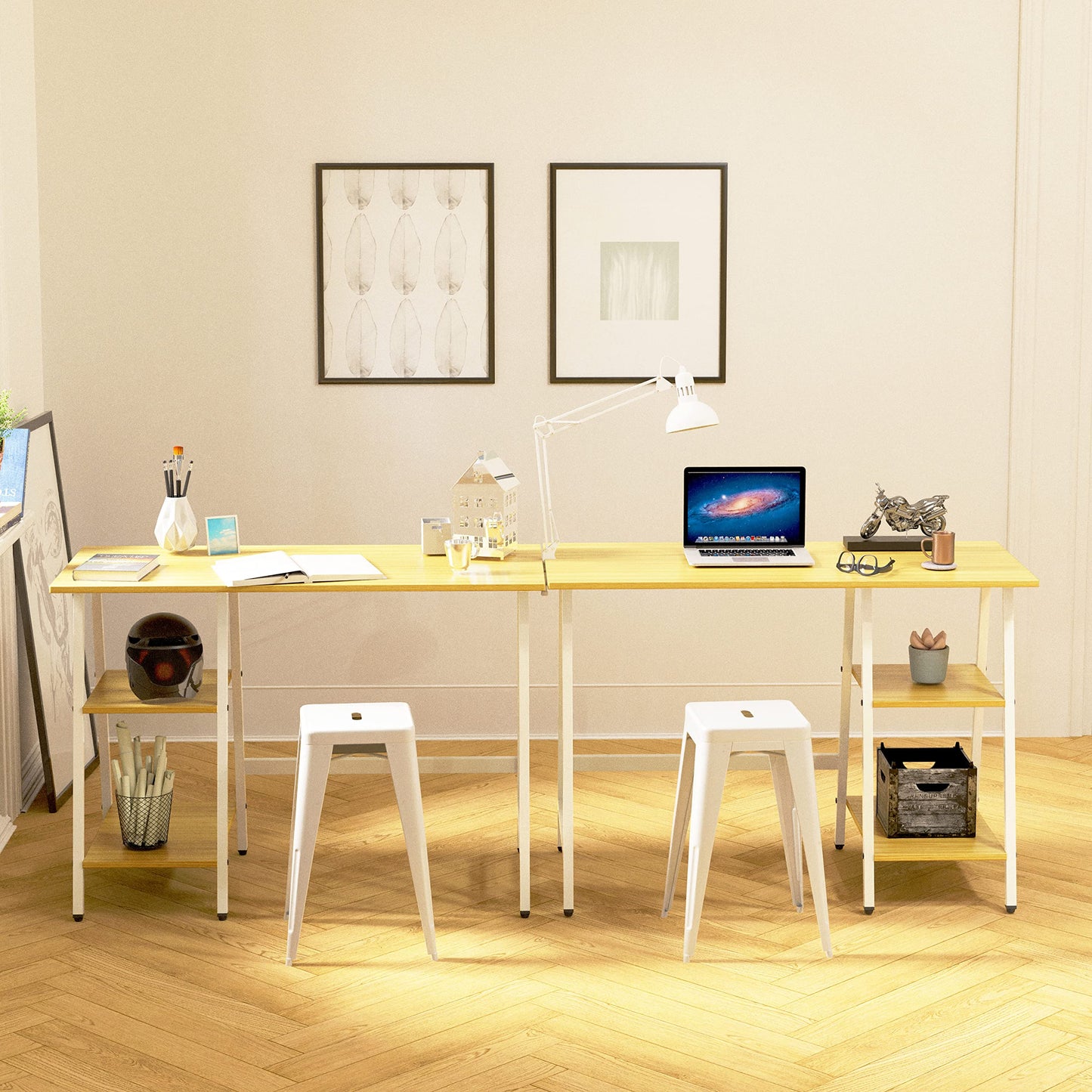 SHW 43-Inch Home Office Trestle Computer Desk with Open Storage Shelves, Oak