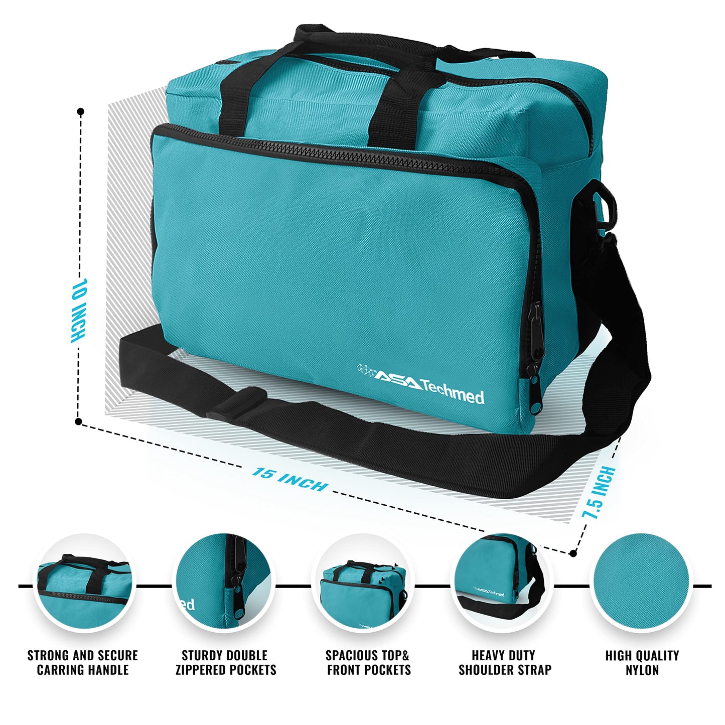 ASA TECHMED Nurse Bag for Medical Equipment, Nurse Accessories Bag Ideal for Doctors, Nurses, Home Health Aids, Medical Students (Teal)