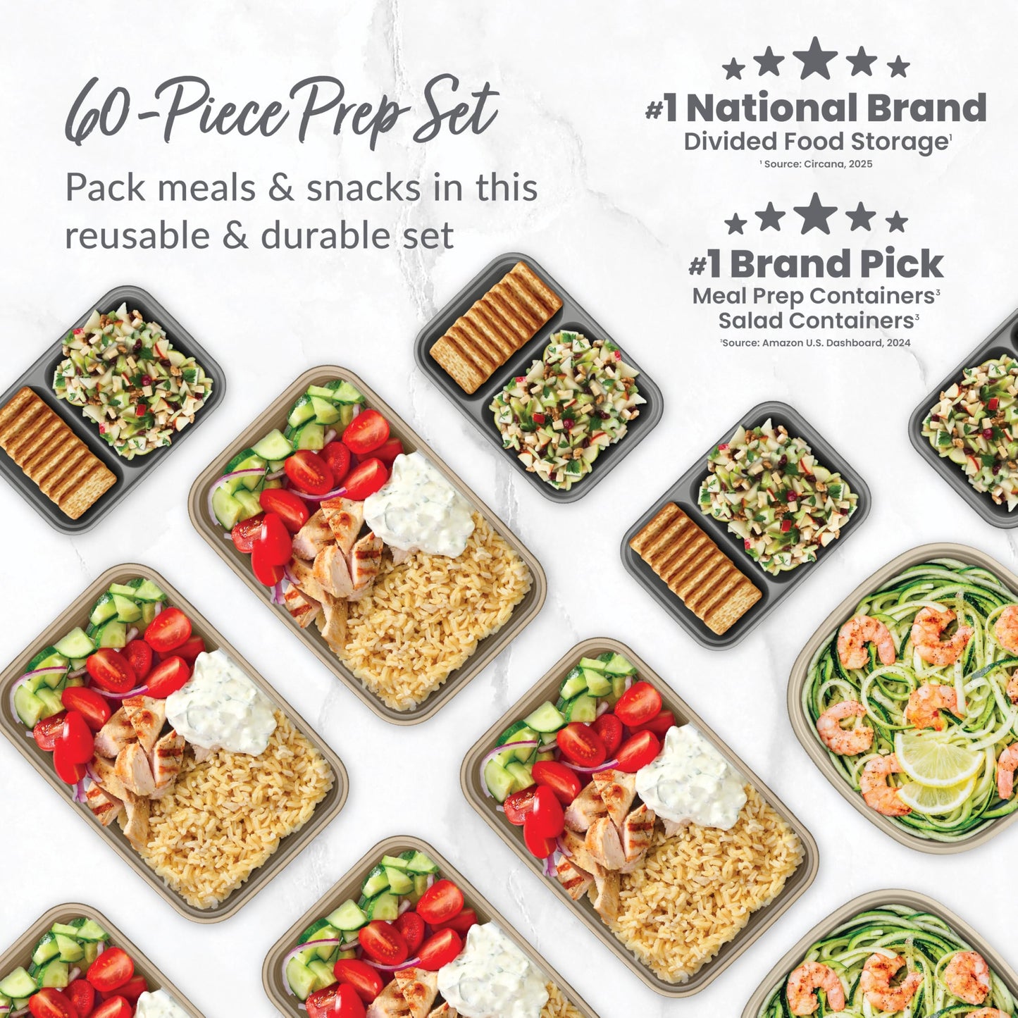 Bentgo Prep 60-Piece Variety Meal Prep Kit - Reusable PFAS & BPA-Free Food Containers 1-Compartment Trays, Prep Bowls, & Snack Boxes - Microwave, Freezer, & Dishwasher Safe (Rich Shades)