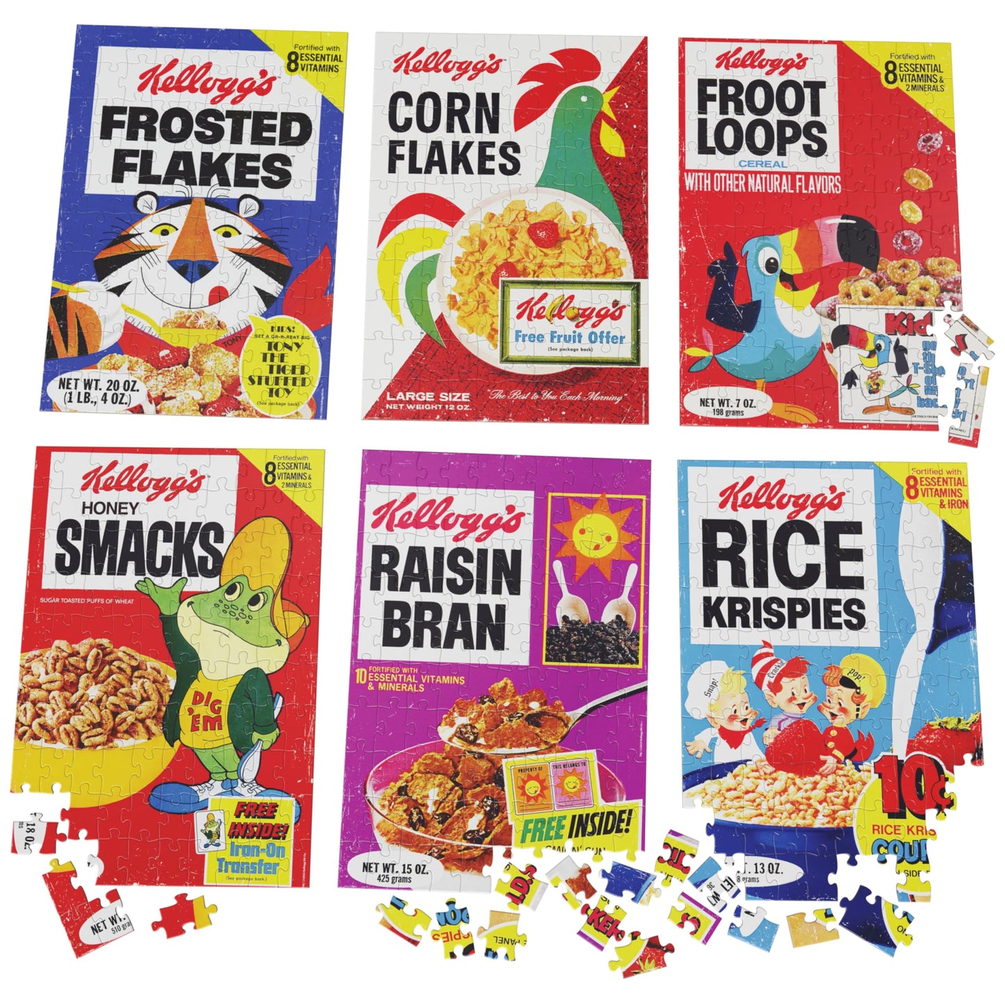 Spin Master Games, Kellogg's Cereal 100-Piece Puzzles 6-Pack, Square Cereal Boxes Puzzle Gift Set, Froot Loops, Rice Krispies, Raisin Bran, Corn Flakes, Frosted Flakes, Honey Smacks for Ages 4 & Up
