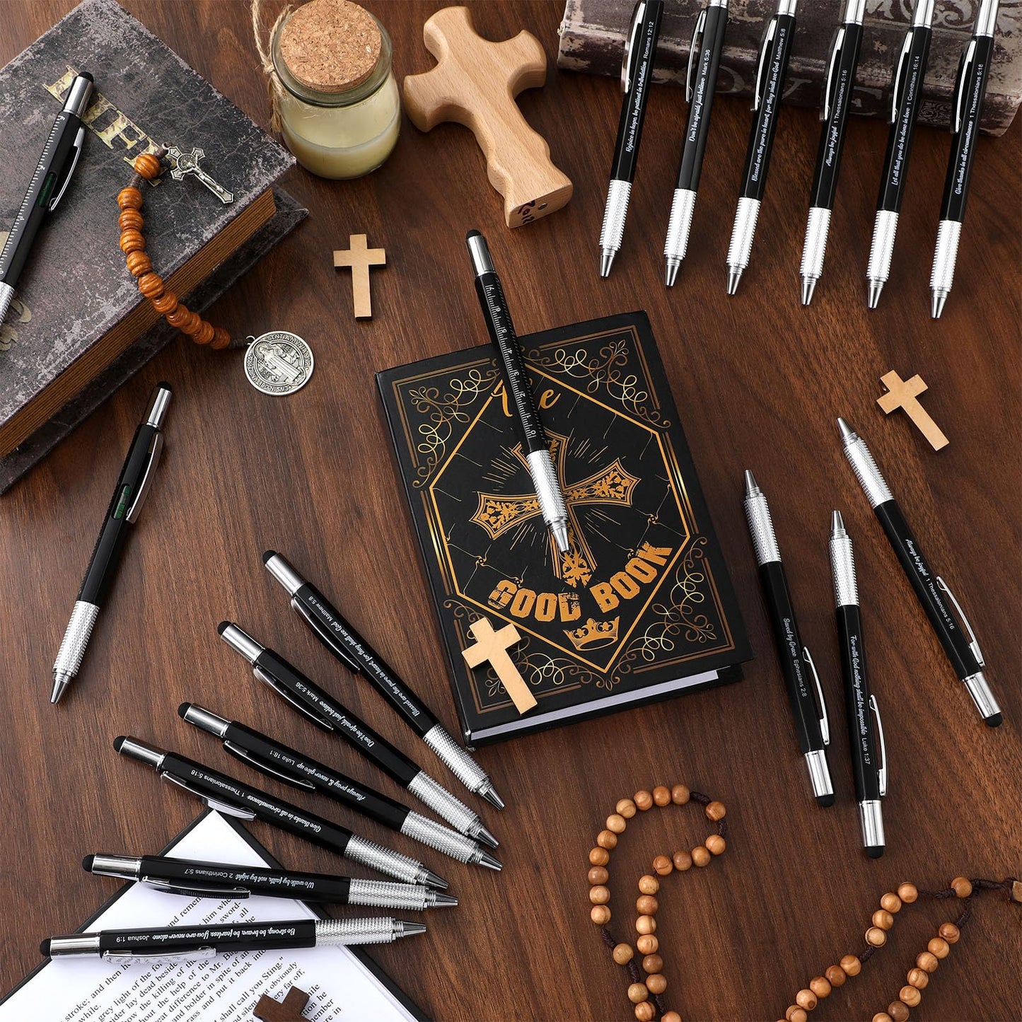 Sayglossy 48pcs Christian Multitool Pens Valentines Gift Bible Verse Religious 6 in 1 Multitool Pen Bulk with Ruler, Level, Stylus, Screwdriver for Men Pastor Father