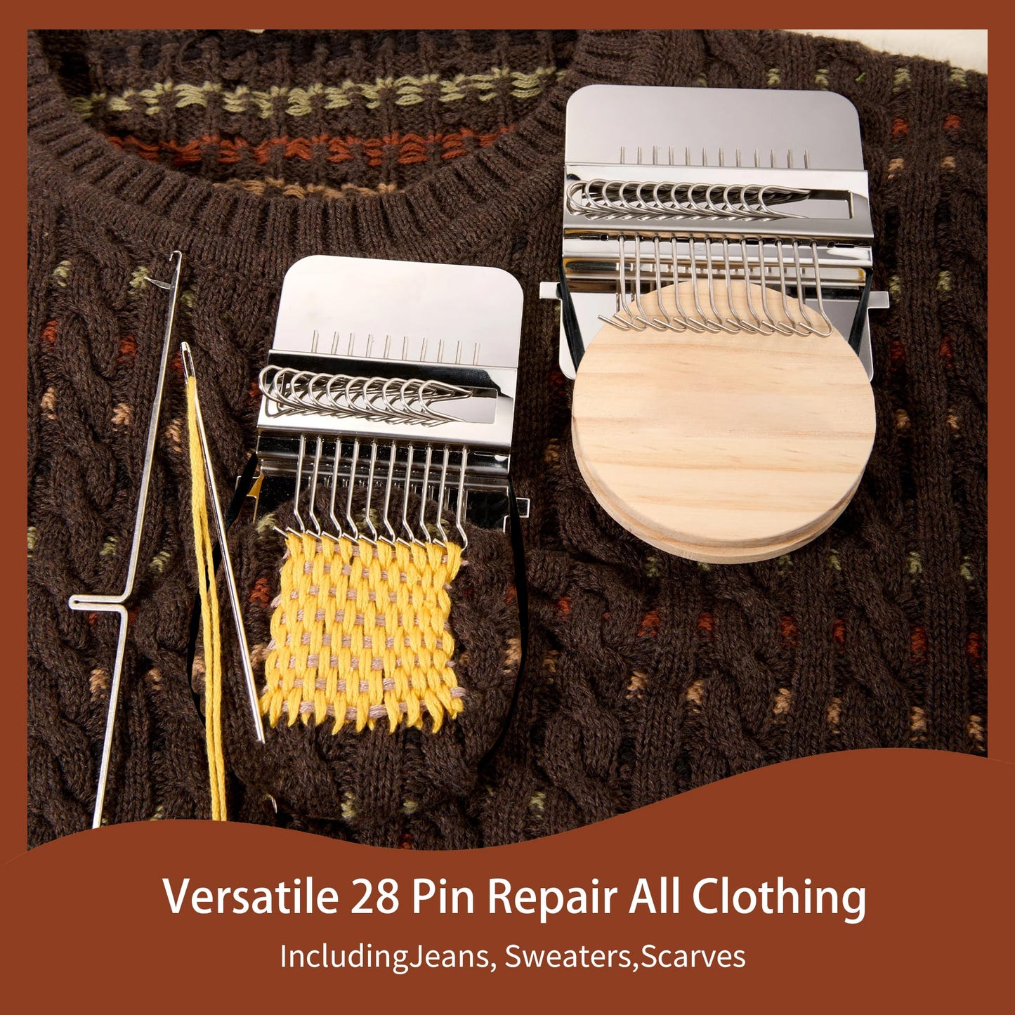Posyra Darning Loom Kit, Small Knit Patch Maker Tool for DIY Visible Mending of Jeans, Socks & Sweaters, Needle Weaving Sewing Craft Set for Beginners Adults(28 Hooks)