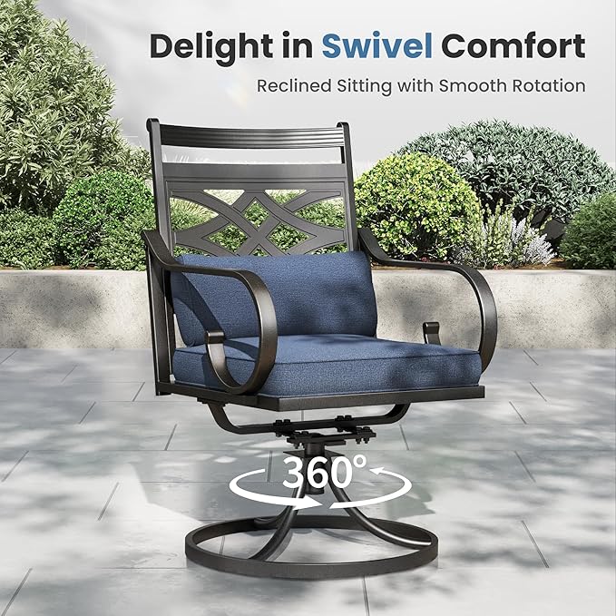 PHI VILLA 7 Pieces Outdoor Dining Set for 6, 54" Round Black Metal Table with Umbrella Hole & Wrought Iron Swivel Chairs, Large Outside Furniture with Blue Cushions & Pillows for Patio, Deck, Porch