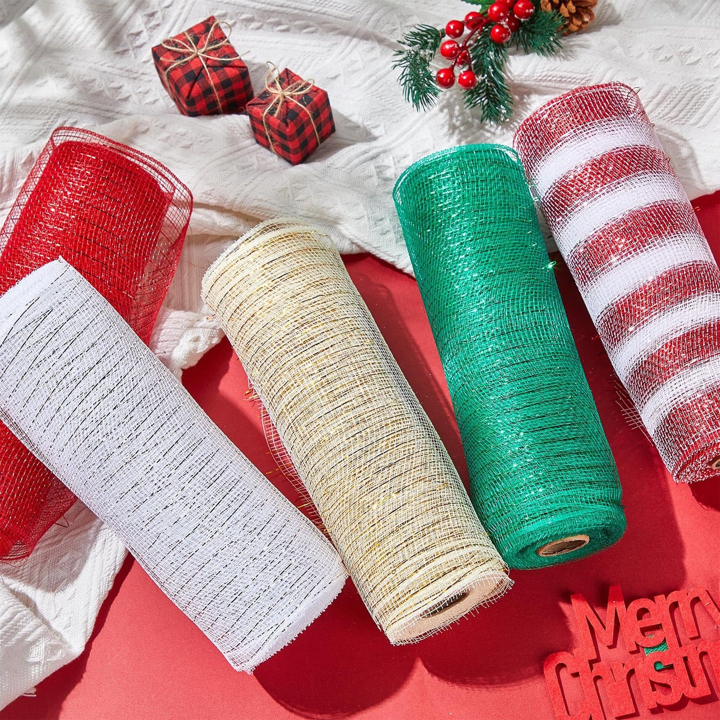 Woanger 10 Rolls Christmas Ribbon Include 5 Roll Wreath Mesh Ribbon Decor 5 Roll Christmas Wired Ribbon Stripe Rolls Metallic Poly Red Green White Decoration Ribbon for DIY Wrapping Craft Wreath Party