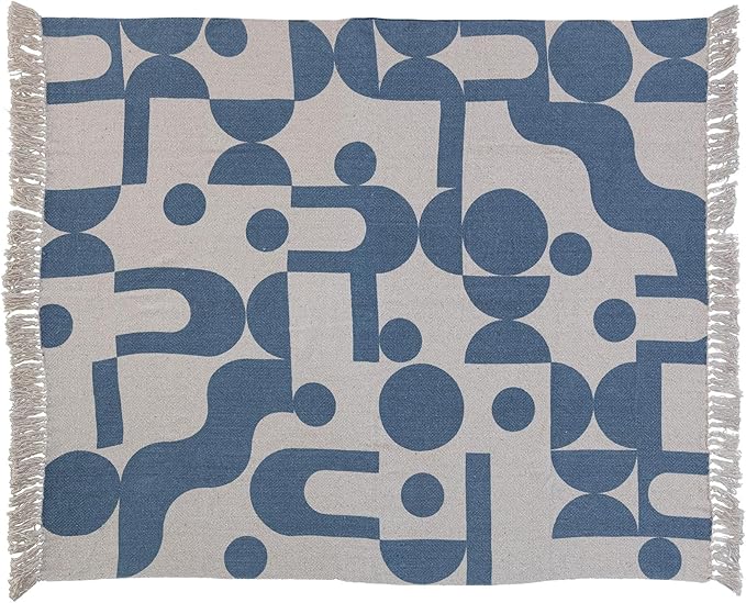 Bloomingville Woven Reclaimed Cotton Blend Printed Sheet with Abstract Design and Fringe, Blue and Beige Throw Blanket
