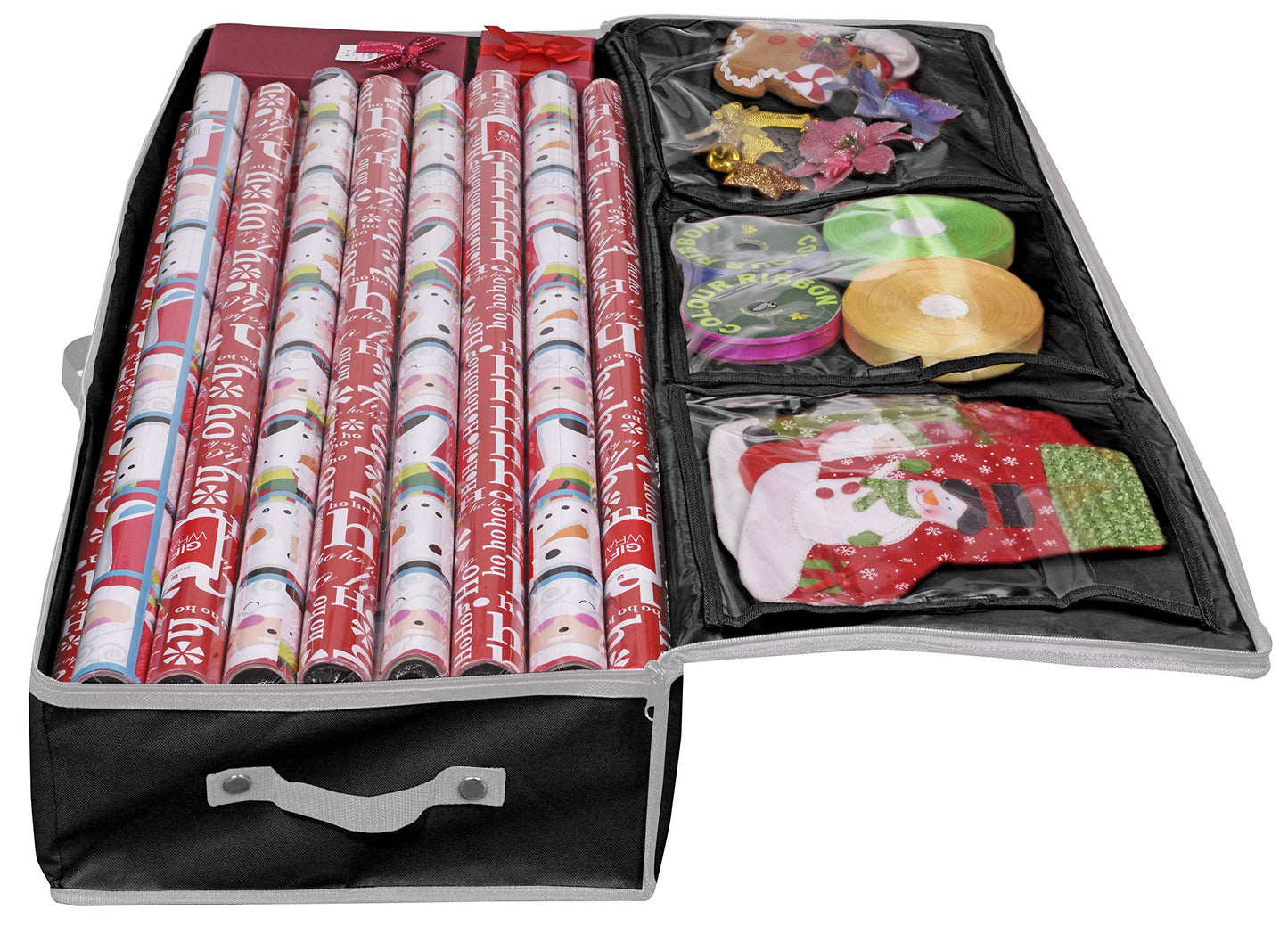 Primode Wrapping Paper Storage Container | Gift Wrap Organizer Under Bed | 41”x14”x6” | Box Holder for 18-24 Rolls Up to 40” | 600D Oxford Material | Pockets for Ribbon, Bows, and Accessories (Black)