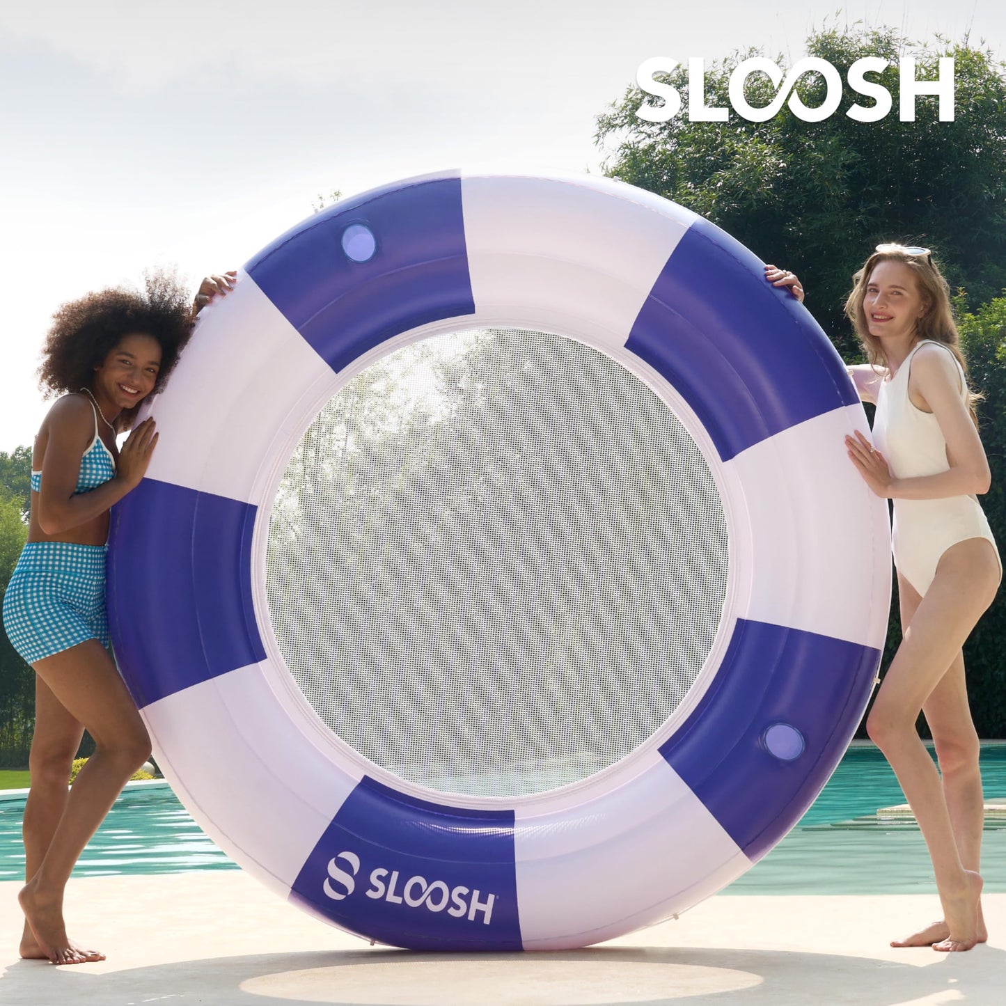 SLOOSH Inflatable Pool Lounger Float with Mesh, 80" x 80" Tanning Pool Floats, Double Lounger Round Ring for Adults, Floating Mat Raft for Lake and Beach with Cup Holder (Navyblue Strpie)