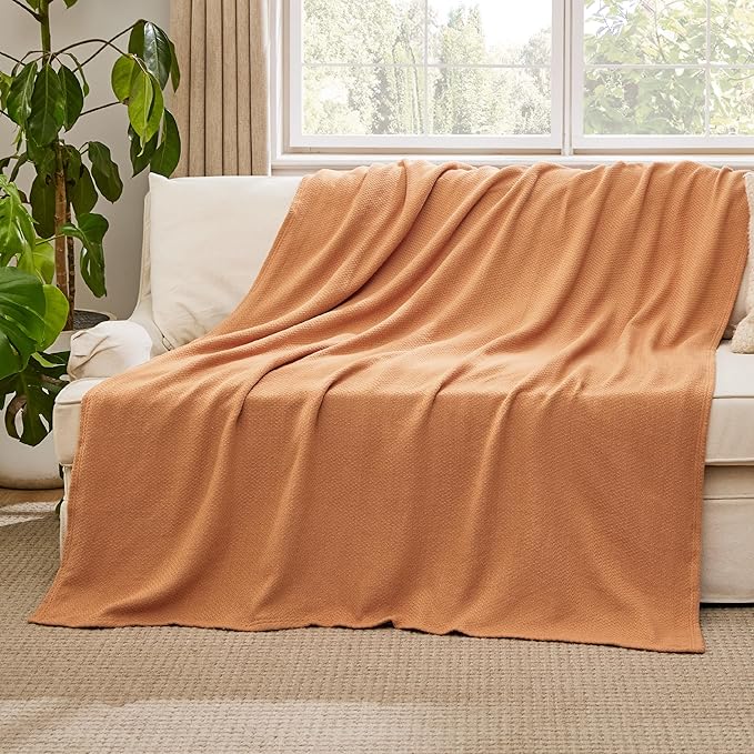 Bedsure 100% Cotton Blanket Twin XL Size for Bed - Breathable and Lightweight, Soft Cozy Textured Herringbone Woven Blanket for Summer Spring, Burnt Orange, 66x90 inches