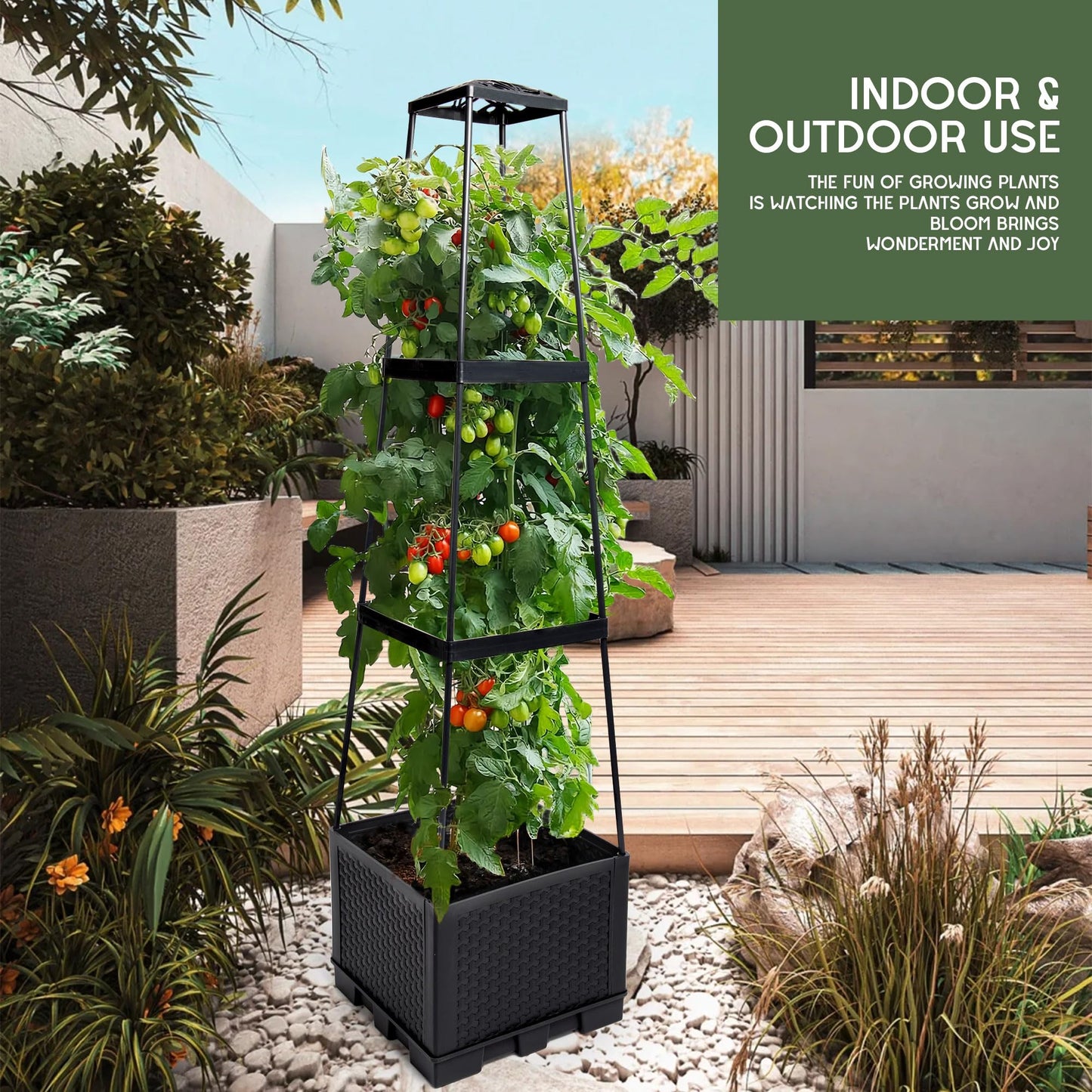 GENMOUS 3 Tiered Tomato Planter with Trellis for Small Climbing Vegetables Growing Plants, 45” Raised Garden Bed Planter Box Tomato Cage Tomato Planters for Patio Indoor Outdoor Vegetables （1 Pack）