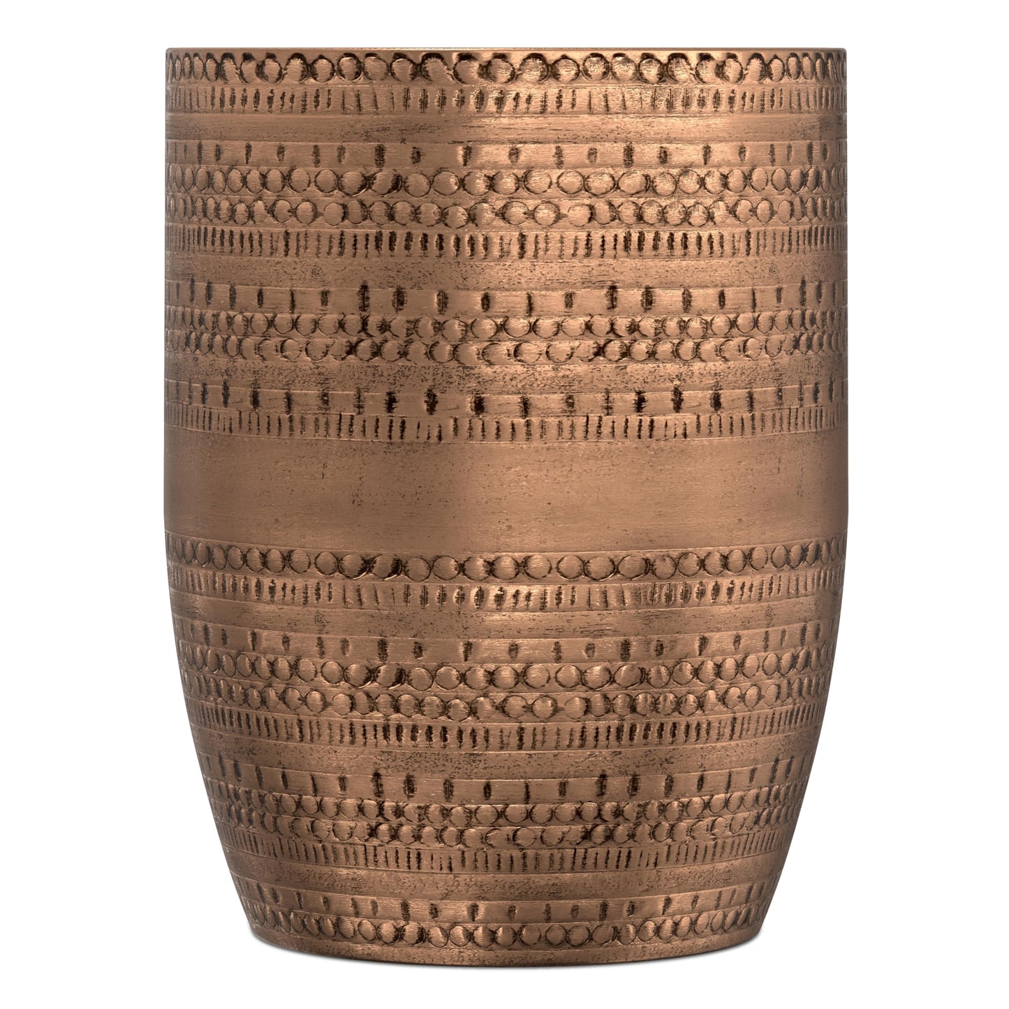 SIMPLIHOME Johnsen Metal Table - 15" Wide x 20" High Solid Iron Drum Accent Table in Antique Copper with Tribal Pattern, Round Boho End Table for Living Room, Bedroom, or Home Office, Fully Assembled