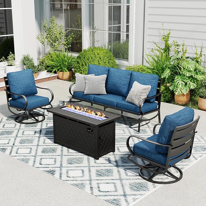 Sophia & William Patio Furniture Sets with 45" Gas Fire Pit Table Outdoor Metal Conversation Sets for 5, 2 x Swivel Cushioned Patio Sofa Chairs, 1 x 3-Seat Sofa 4 Pieces for Lawn Backyard Peacock Blue