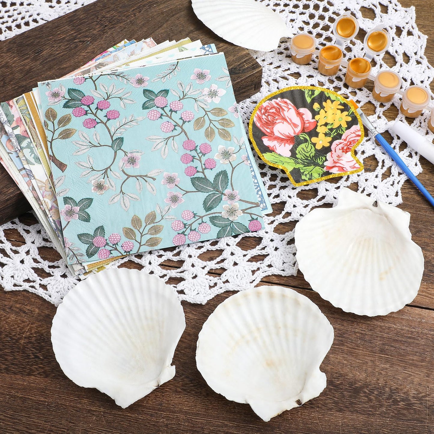 Halloscume 12 Set Scallop Shells for Crafts 4''-5'' White Natural Large Shells with 24 Pcs Decoupage Paper Napkin Acrylic Paint Strips and Brushes DIY Crafts Seashells Ornaments (Colorful Flowers)