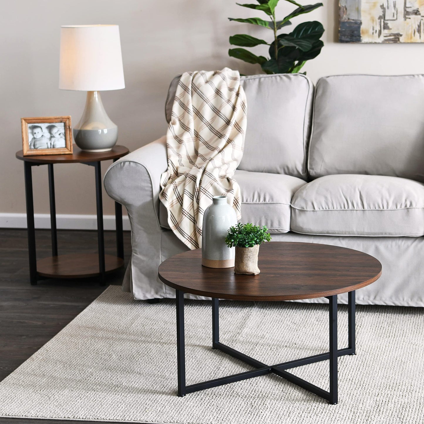Household Essentials Jamestown Round Side End Table with Storage Shelf Mid Century Walnut Wood Grain and Black Metal