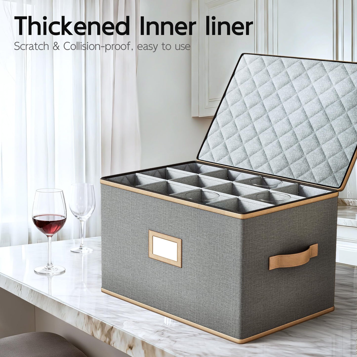 TomVista Wine Glass Storage Box with Dividers, Quilted Hard Shell Organizer for Stemware and Glassware Sets, Ideal for Storage and Moving Supplies, 1-Pack, Grey