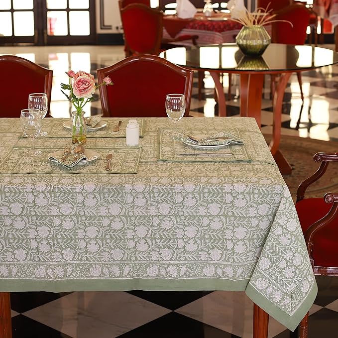 Labhanshi Indian Handblock Print Pre-Washed Cotton Floral 60x90 Inch Rectangle 6-Seater TableCloth|Rustic Farmhouse Decorative Party Event Wedding Banquet Thanksgiving Festive holiday Decor|Sage Green