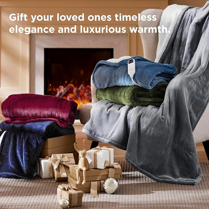 Bedsure Heated Blanket Throw Blanket - Fast Heating Electric Blanket, GentleSoft Flannel Heated Throw with 4 Time Settings, 6 Heating Settings, Warm Gifts for Grandma (50x60 inches, River Blue)