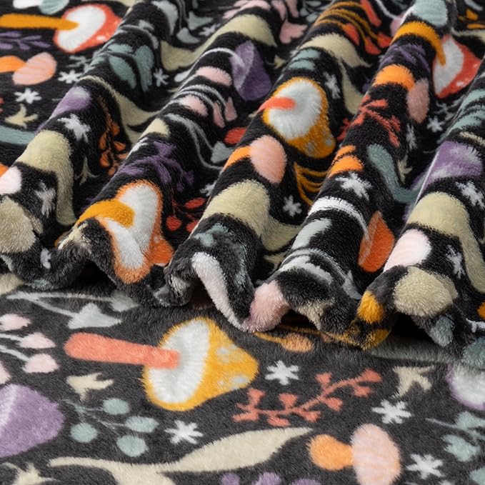 Berkshire Blanket-Classic Heavyweight Soft Printed VelvetLoft® Plush Throw Blanket, Cozy and Fuzzy, Mushroom Cutie Charcoal, 50in x 70in