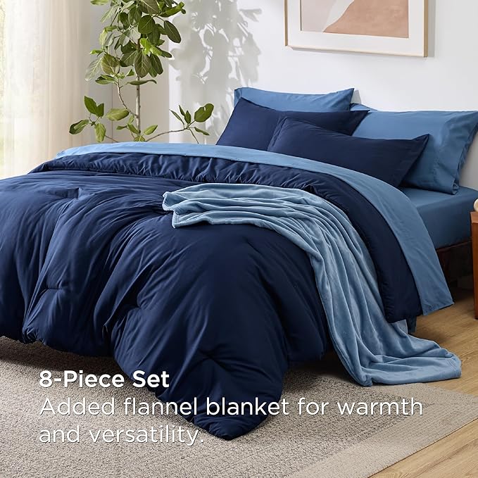 Bedsure Queen Comforter Set Navy Blue, 8 Pieces Prewashed Queen Size Bed in a Bag with Soft Fleece Bed Blanket, Down Alternative Bedding Set for All Seasons, Sheets, Pillowcases & Shams