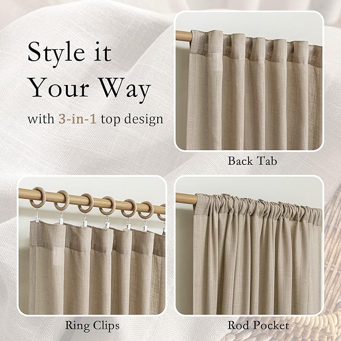 MYSKY HOME Taupe Curtains 96 Inches Long for Living Room Sliding Glass Door Semi Sheer Drapes Light Filtering Window Treatments Soft Farmhouse Style Privacy Protect Back Tab, 50" x 96", 2 Panels