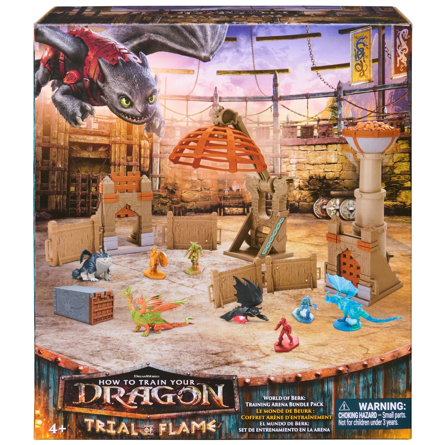 DreamWorks Dragons, World of Berk, Trial of Flame Bundle Pack with Dragon Capture and Torch Tower Playsets, 4 Dragon Figures with 4 Viking Figures, for Ages 4 and up
