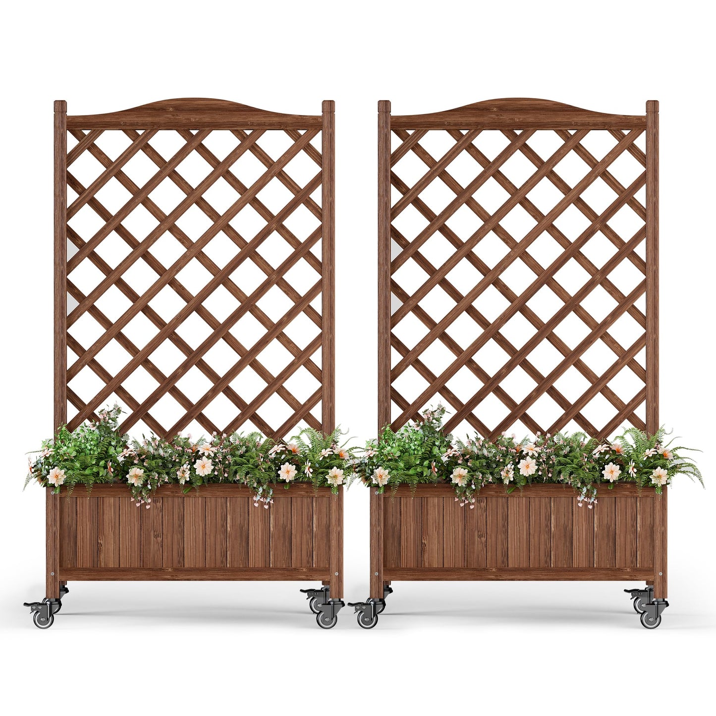 ScienGarden Upgraded 2-Pack 50" Tall Trellis Planter Box with Wheels, 49.8"H × 27.6"W × 13.0"D Solid Fir Wood Raised Garden Bed & Lattice Privacy Screen, Rolling Planter with Drainage for Patio/Garden
