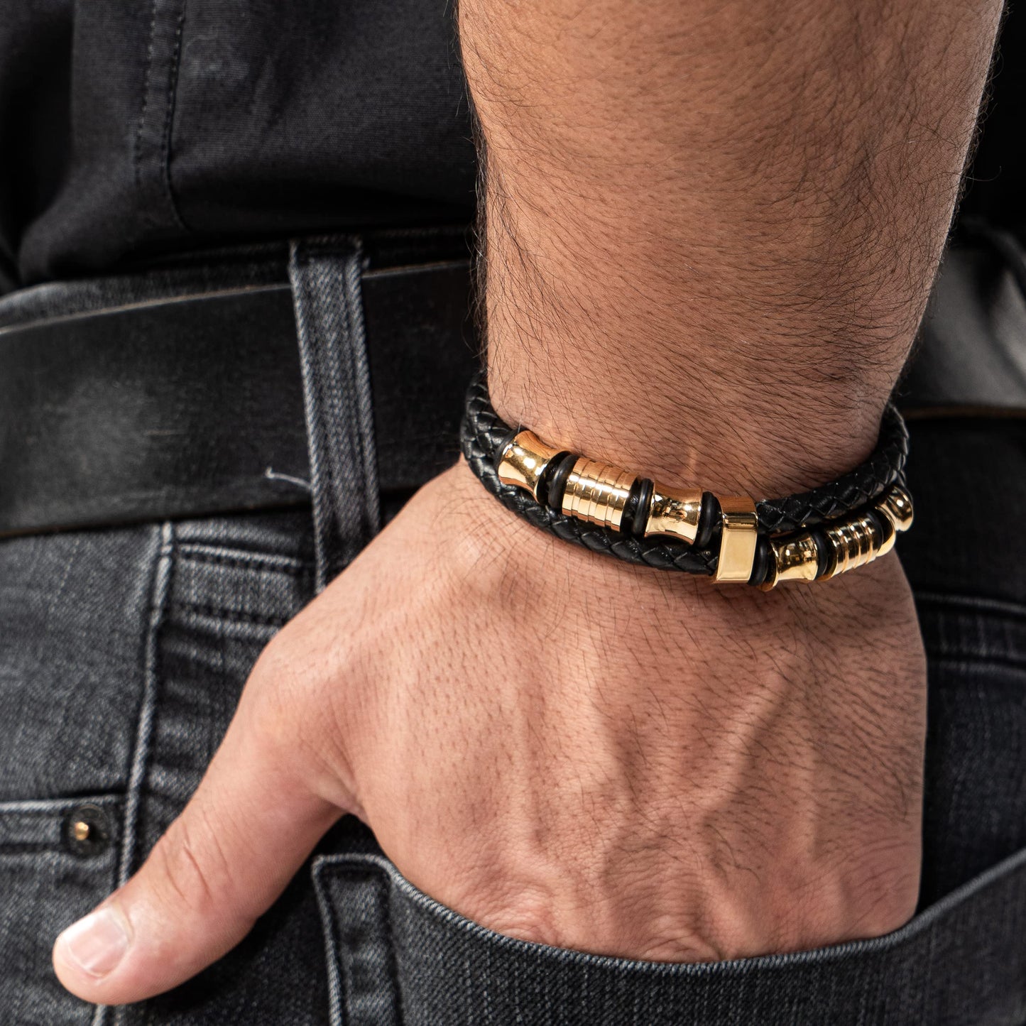 SERASAR Gold Bracelets for Men 17cm Bracelet Gift Box Genuine Leather Cowhide Braided Adjust Able Magnetic Clasp Multi Layer Wrap Rope Man Mans Male Band Jewelry Magnet Accessories