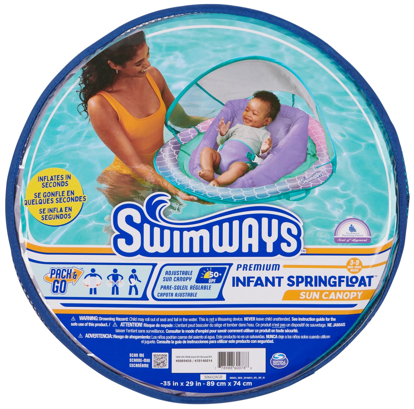 SwimWays Infant Spring Float, Baby Pool Float with Canopy, Swimming Pool Accessories for Kids 3-9 Months, Mermaid