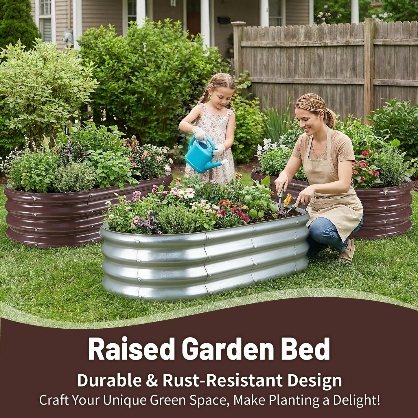 GOOZOO 2PC Galvanized Planter Raised Garden Beds, 4x2x1ft Raised Garden Bed Kit for Gardening Outdoor, Oval Metal Land Planter Box for Vegetables, Fruits, Flowers（Silver）