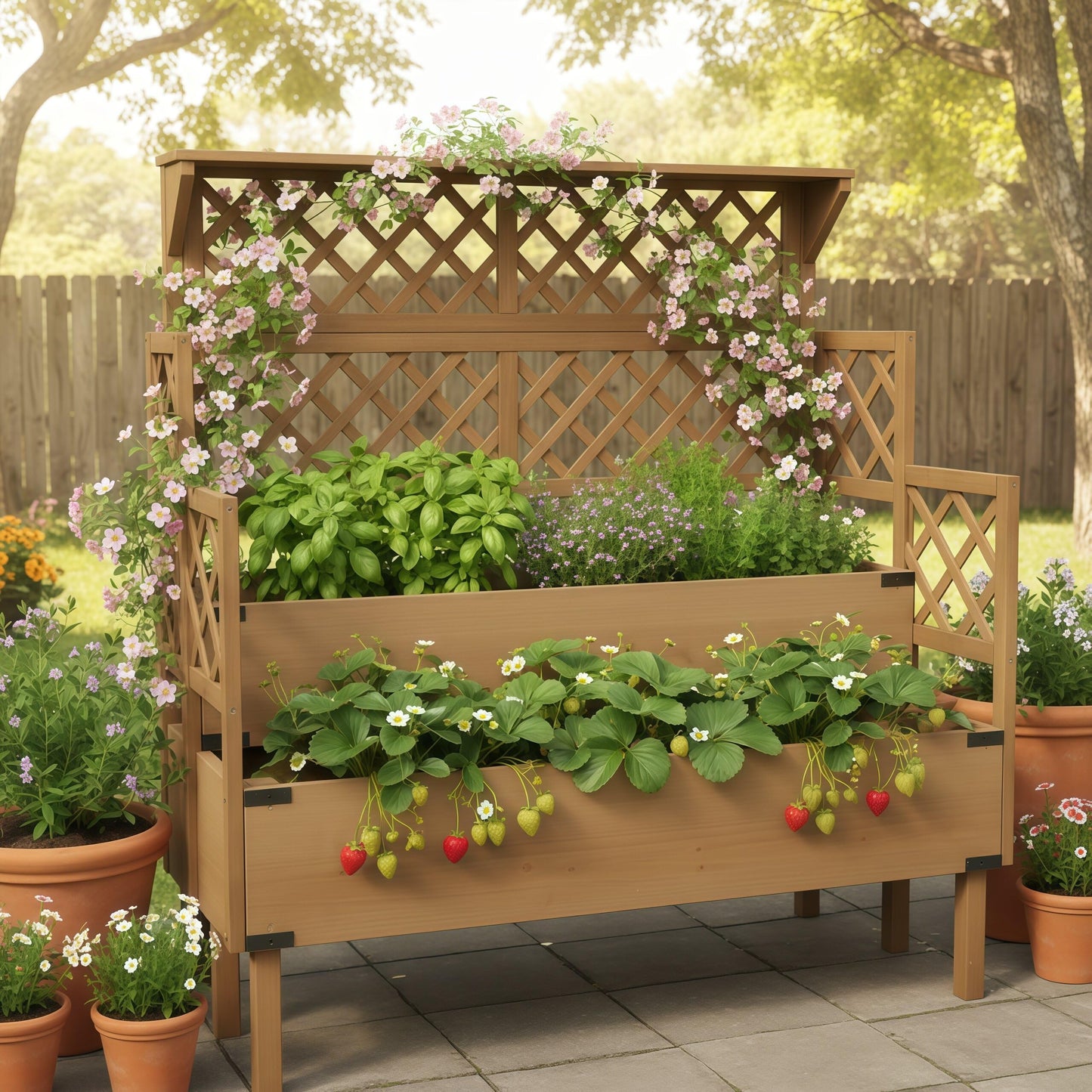 Raised Garden Bed with Trellis & Top Shelf, Outdoor Elevated Planter Box with 2 Planting Areas, Liner & Metal Corners for Climbing Plants, Vegetables, Herbs