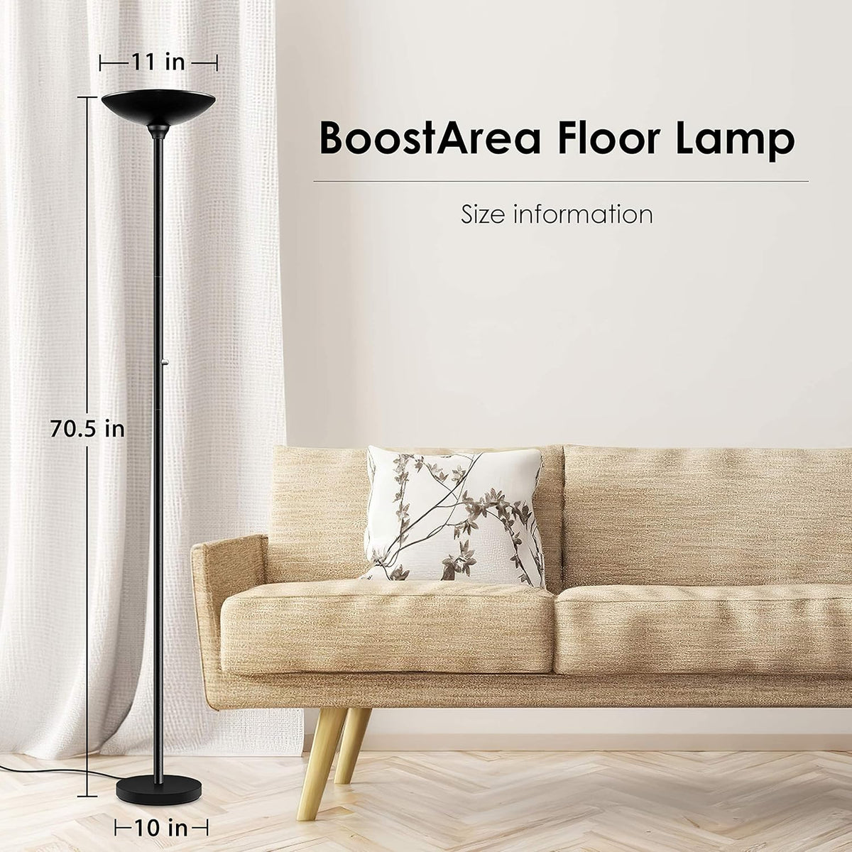 BoostArea Torchiere Floor Lamp, 30W Super Bright LED Standing Lamp, Stepless Dimmable Pole Lamp with 3000K Lighting, Rotary Switch, 70 Inch Tall Metal Modern Floor Lamps for Living Room/Bedroom Black