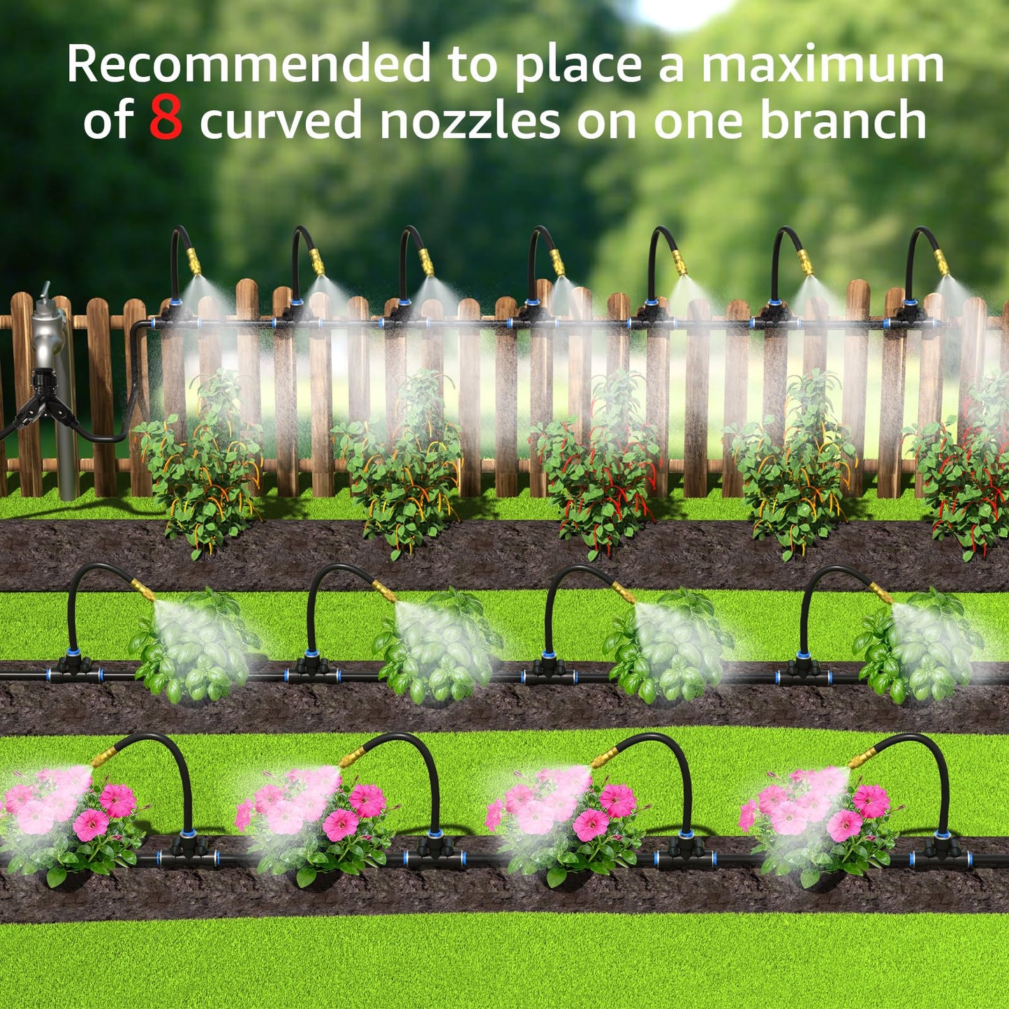 Bluepro Drip Irrigation System 200FT 1/4", 2026-Upgrade Garden Sprinkler Kit with 32PCS 360° Adjustable Copper Nozzles, Automatic Misting Watering System for Raised Beds, Greenhouse, Lawn, Patio, Yard