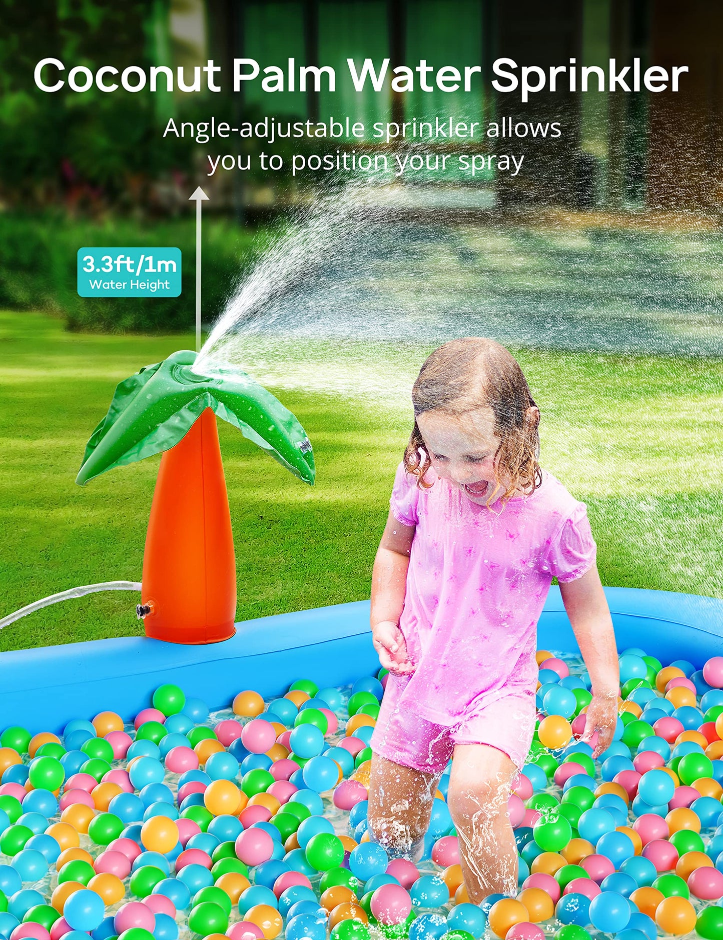 Kiddie Pool with Slide & Palm Tree Sprinkler – 95"x75"x40" Inflatable Water Play Center for Toddlers Ages 2+, Durable PVC Wading Pool for Backyard Summer Fun (Blue & Orange)