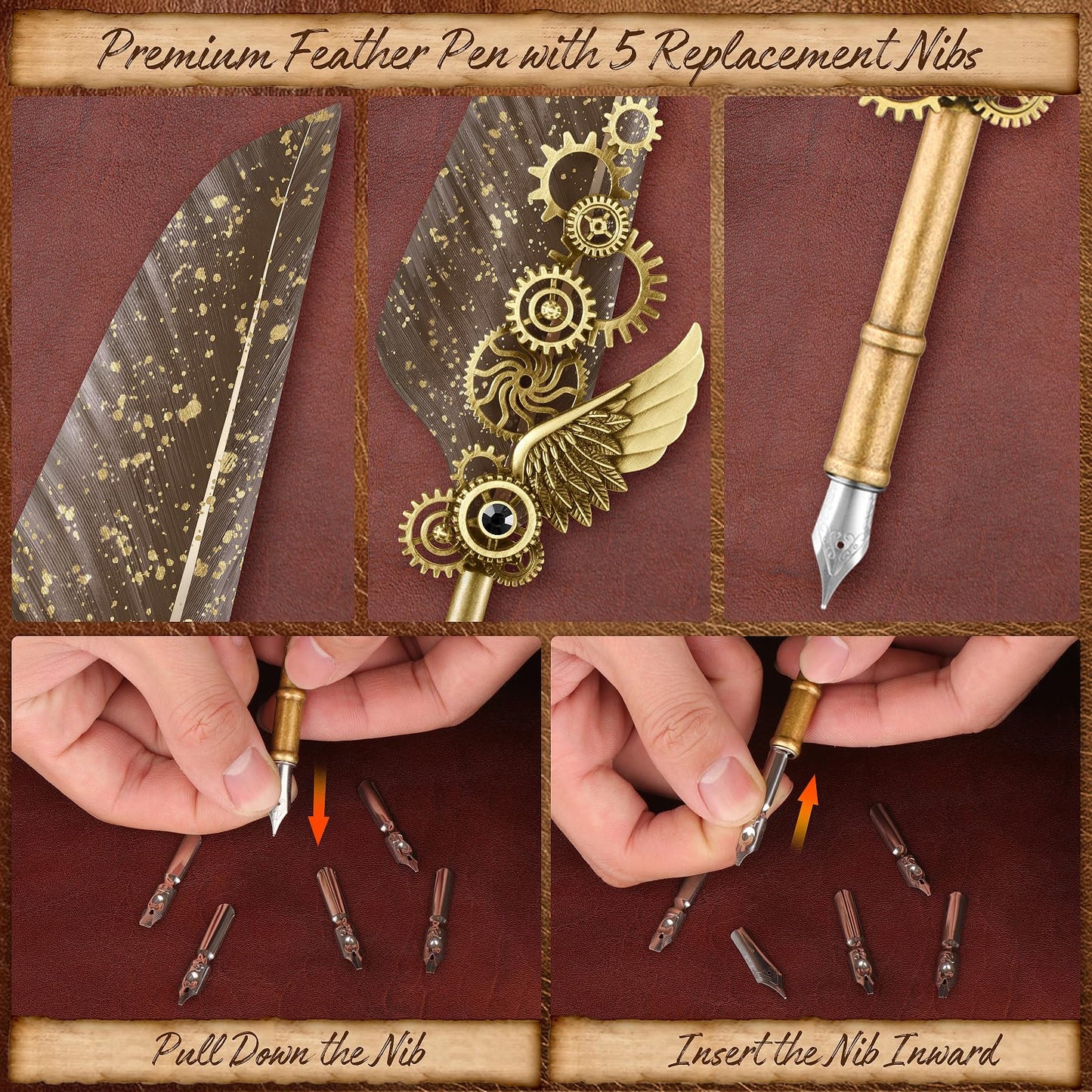 Quill Pen and Ink Set,Calligraphy Pen Set for beginners,Feather Pen Set with Leather Notebook,Pen Holder,5 Replaceable Nibs,Bookmark,Letter Writing Kit & Wax Seal Stamp Kit-Calligraphy Pens Gift Set