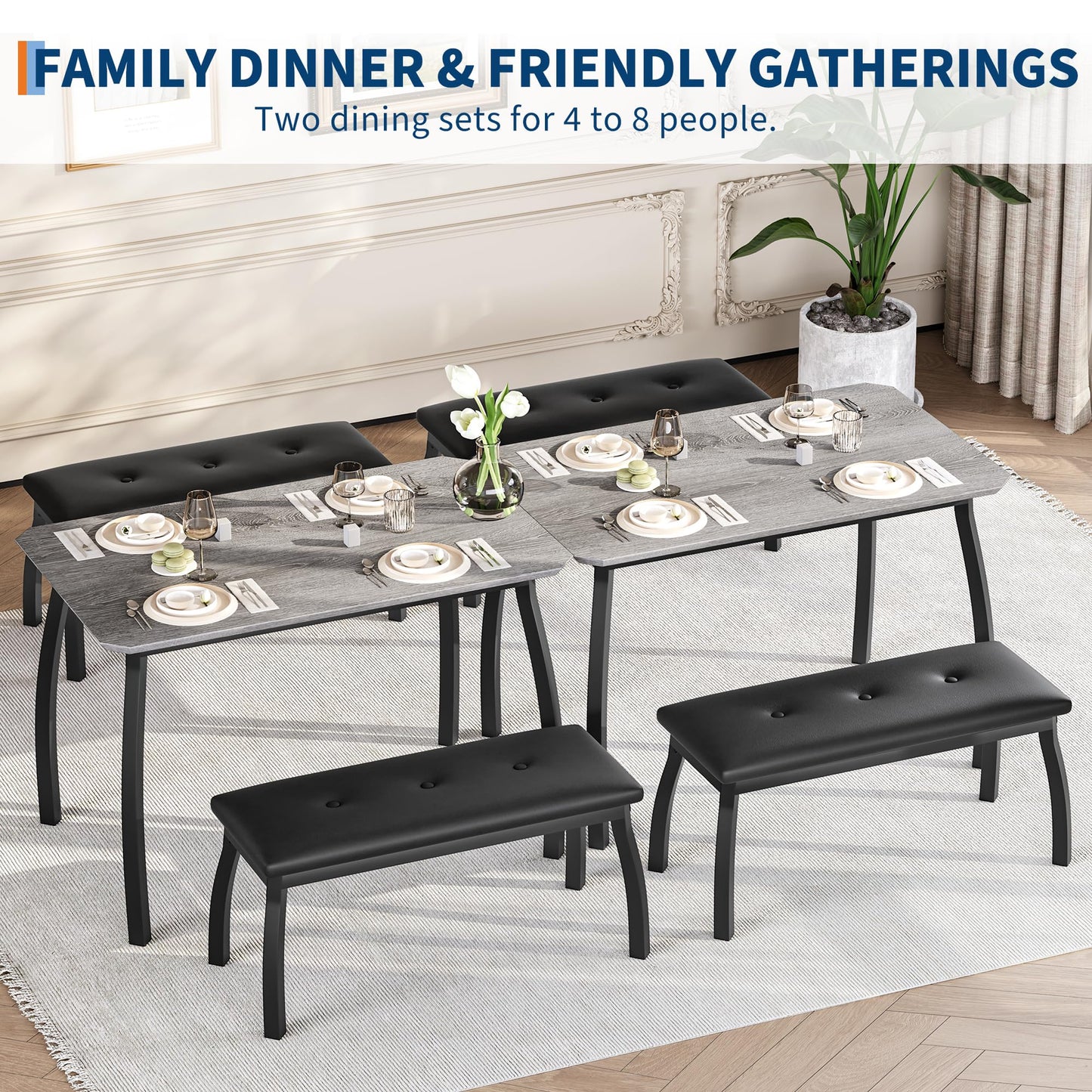 Dining Table for 4, 3-Piece Kitchen Table Set for 4 with Wooden Tabletop and Metal Frame, Industrial Kitchen Table with 2 PU Leather Benches for Bar, Dining Room, Restaurant(43''x28''x30''), Gray