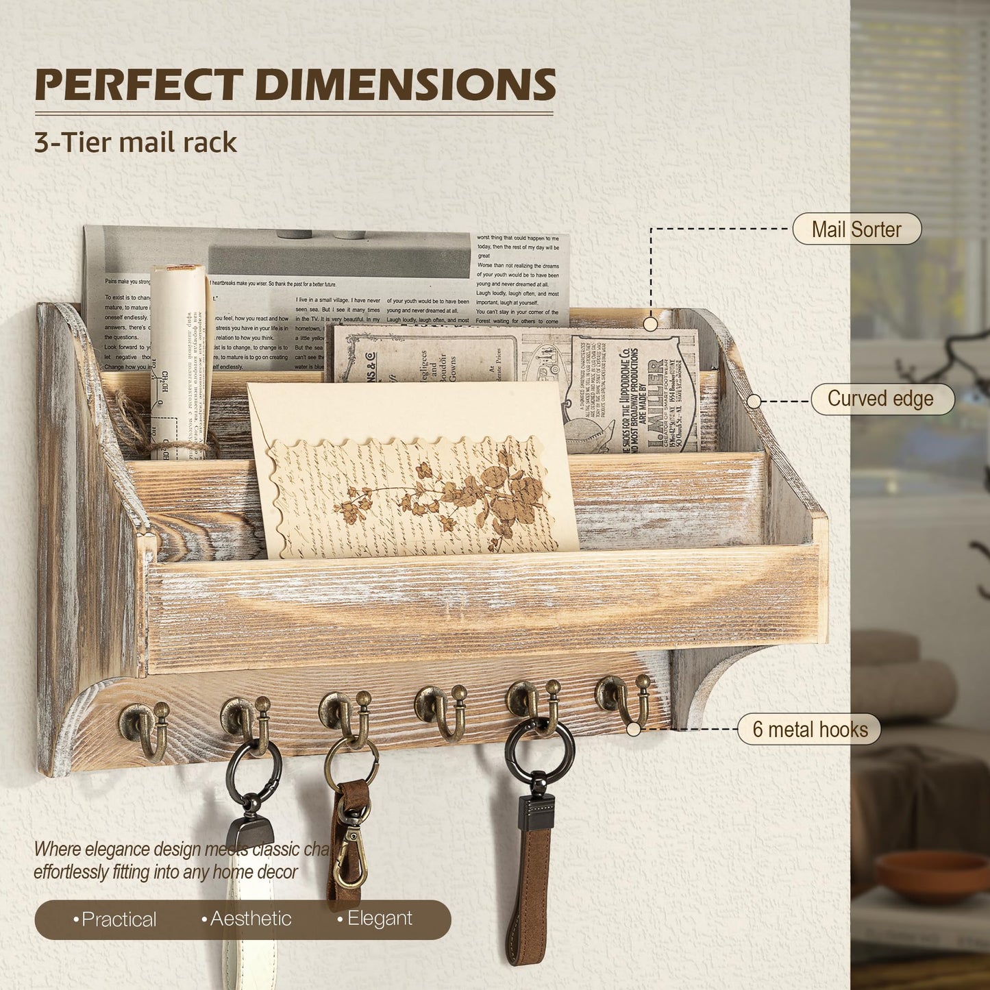 Rebee Vision Pine Wood Rustic Key Holder Wall Mount - Farmhouse 3-Tire Mail Holder with 6 Key Hooks - Multifunctional Wall Organizer for Haning Office Papaer (Natural)