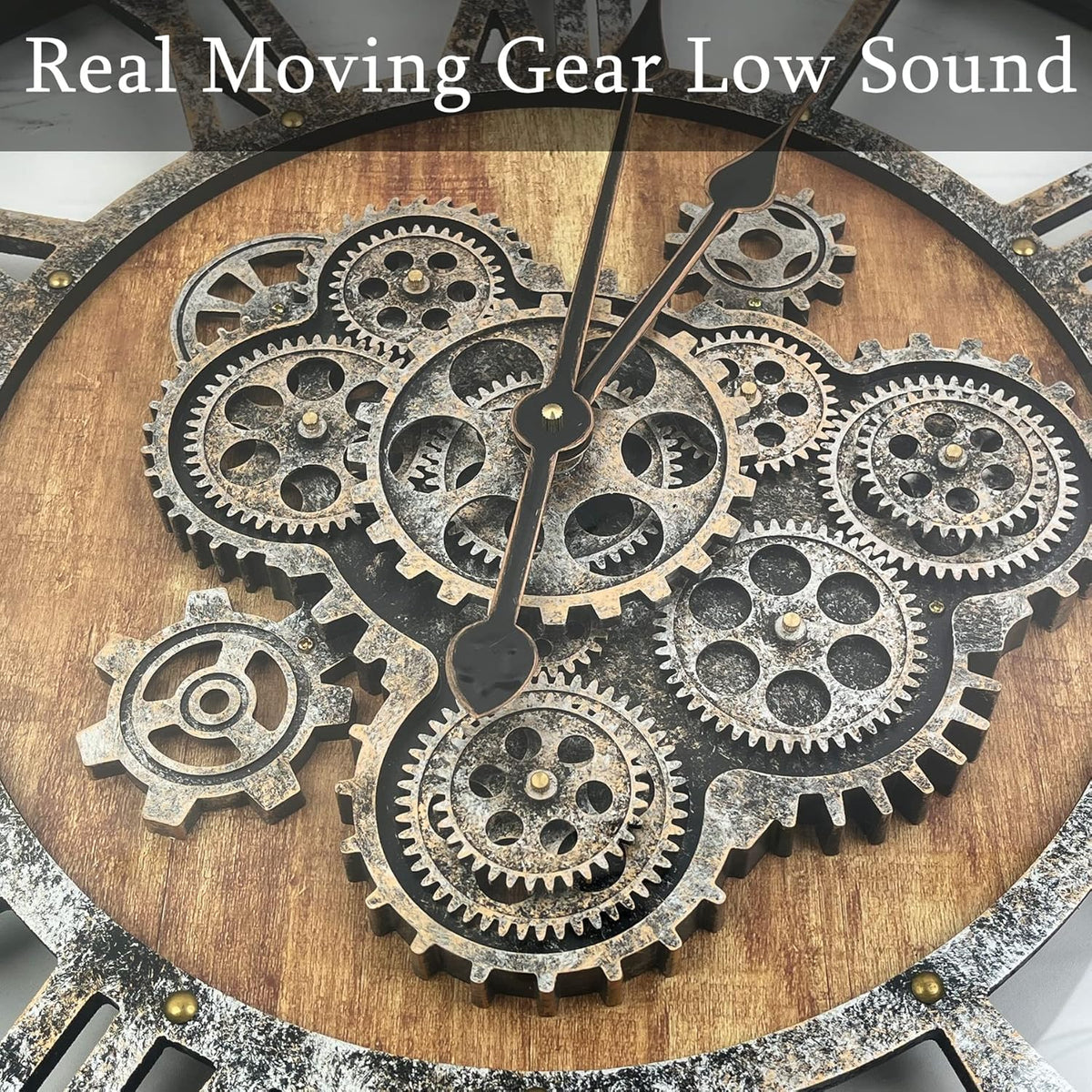 24 Inch Moving Gear Wall Clock, Oversized Wall Clocks, Clock Living Room Decor, Solid Wood Frame, Battery Operated, Large Wall Clock with Steampunk Industrial for Fireplace(Brown)