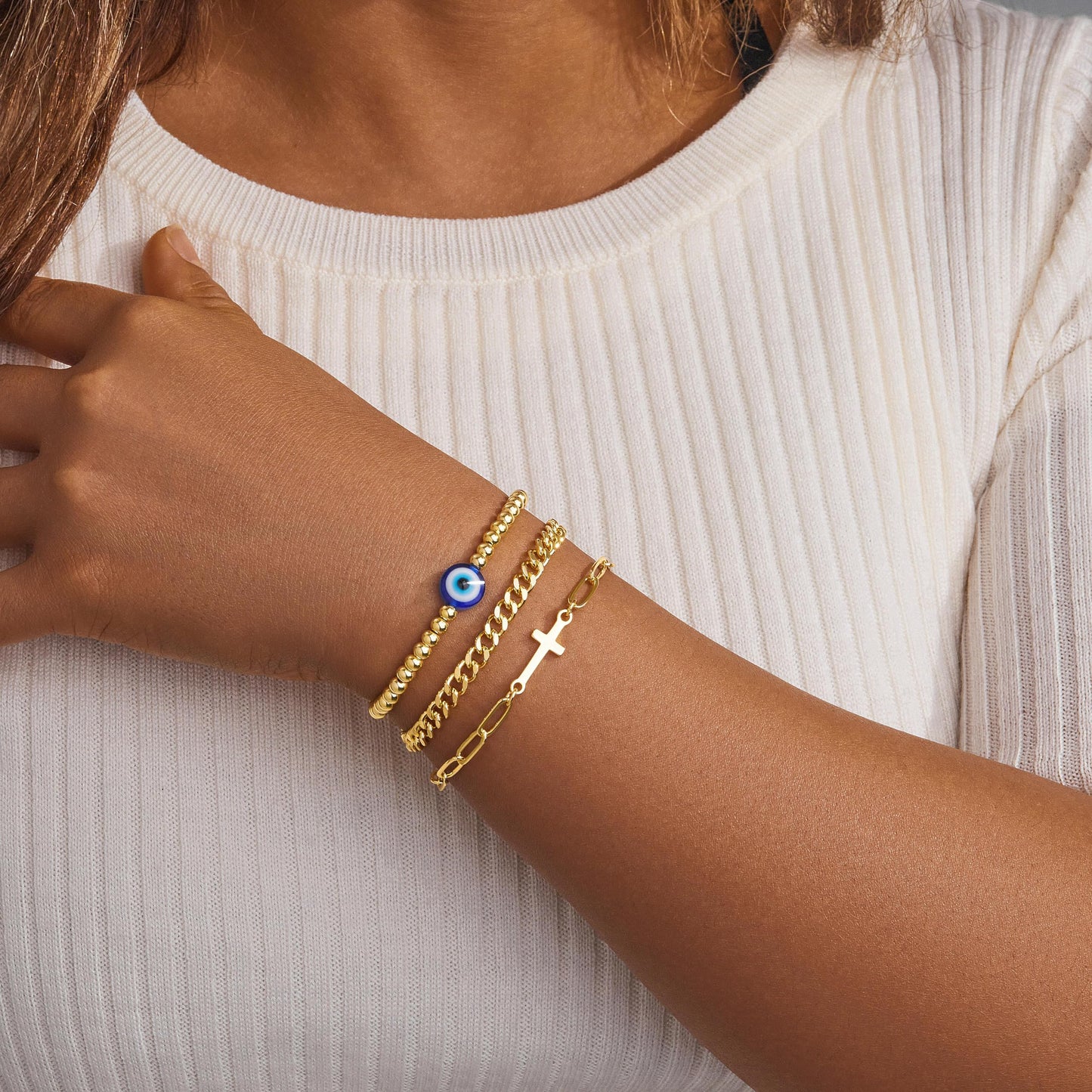 Poxtex Gold Plated Bracelets for Women, Dainty Bracelets for Women Trendy Stack With Heart, Beaded, Cuban, Paperclip, Cross, CZ Chain, Evil Eye Chain