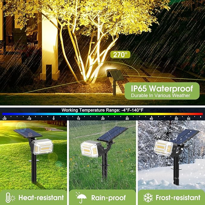 102 LED Solar Spot Lights Outdoor Waterproof IP65, Adjustable Landscape Spotlights, [2 Pack/4 Modes] Auto On/Off Solar Powered Flood Lights for Outside Yard Garden Wall Pathway (Warm White)