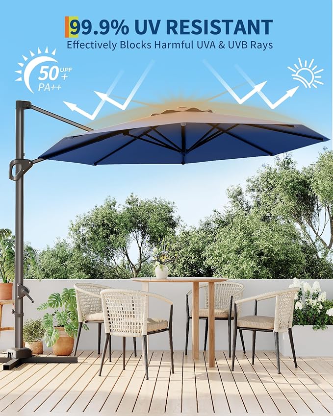 GarveeLife 10 ft Patio Umbrella Outdoor Large Cantilever Umbrella w/Base Included Market Sun Shade Windproof Offset Umbrella with 360-Degree Rotation for Garden Deck Pool Patio, Navy Blue