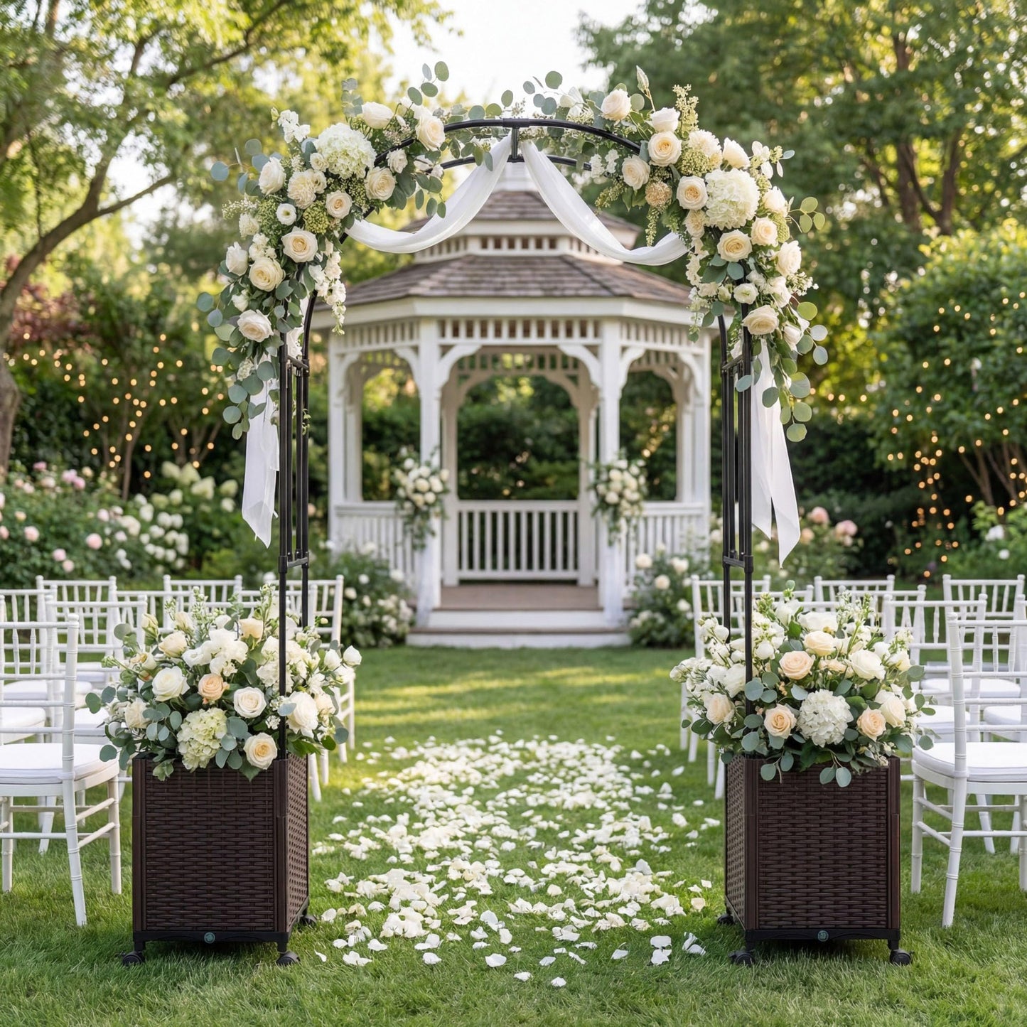 Giantex Metal Garden Arch Trellis Arbor with 2 Self-Watering Planter Boxes, 80" L x 16" W x 91" H PE-Coated Archway with Lockable Rolling Wheels for Climbing Vines, Yard Lawn Party Decorations