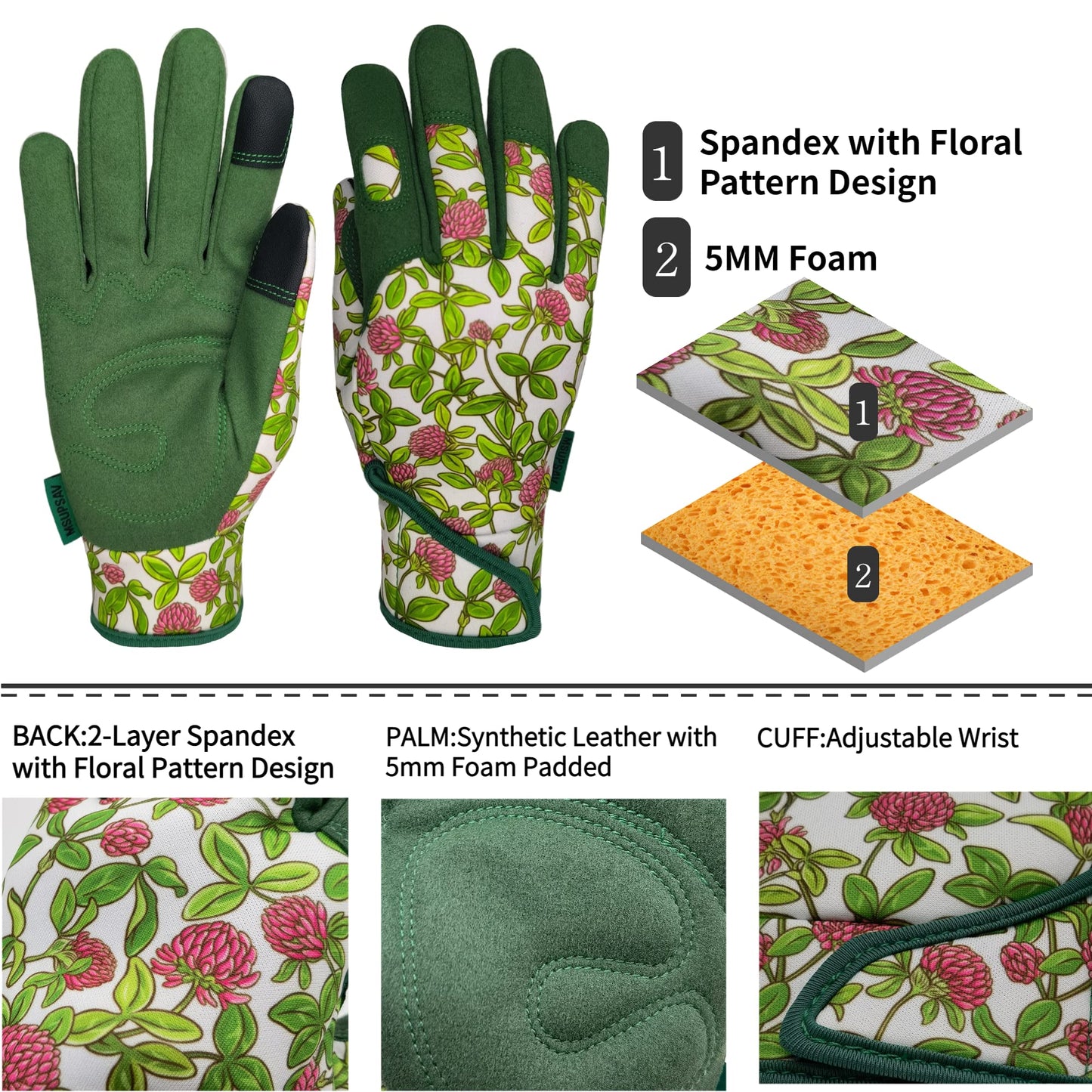 MSUPSAV Gardening Gloves with Touch Screen, Synthetic Leather Yard Work Gloves for Women, Garden Gift, Green, Medium