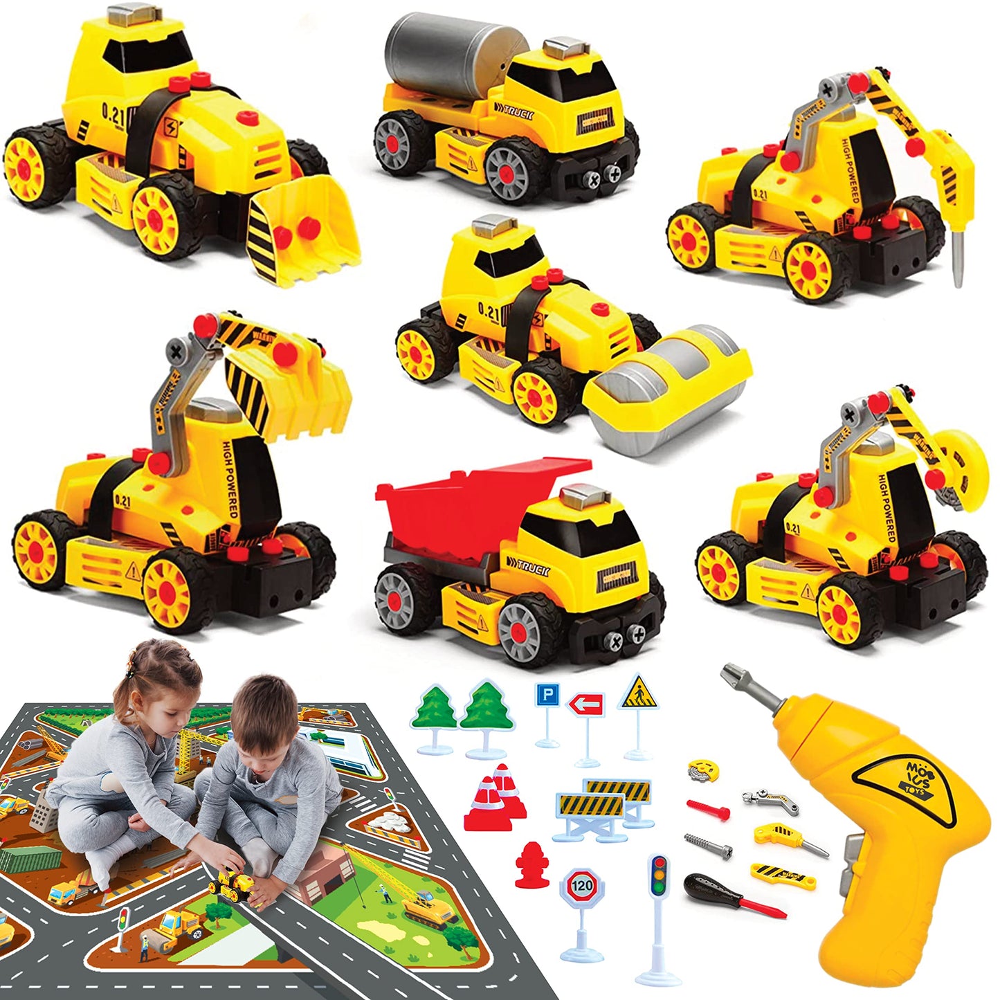MOBIUS Toys 7-in-1 Take-Apart Truck Construction Set – STEM Building Toy w/Drill, Lights & Sounds – Buildable Dump Truck, Excavator & More - Educational Engineering Toy for Kids Ages 3–8