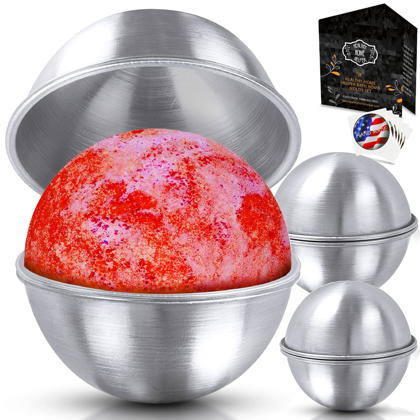 Stainless Steel Bath Bomb Molding Set-3 Metal Round Bath Bomb Molds (6 Half Spheres)- DIY Professional Molds for Fizzy Bombs: Instructional Pamphlet, E-Book & Mesh Storage Bag- Starter Kit