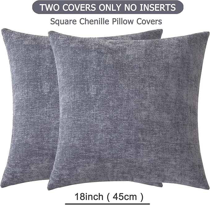 GAWAMAY Decorative Square Throw Pillow Covers 18"x18" Inch Set of 2, Super Soft Chenille Pillows Farmhouse Fall Pillowcase for Living Room Bedroom Sofa Couch Cushion Cover Grey 45x45cm (No Insert)