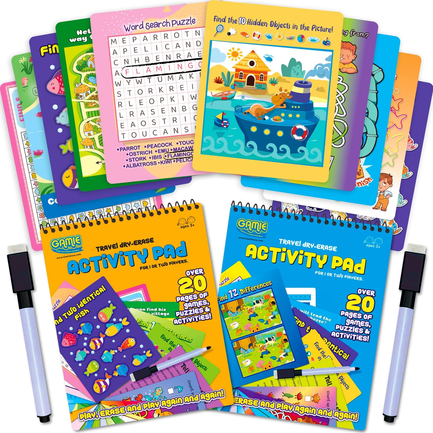 Travel Reusable Activity Books- 2 Pack - Travel Games for Kids, Roads Trip Car Games & Activities Must Haves Essentials, Airplane Activities for Kids, Includes 20+ Learning Games in Each Book