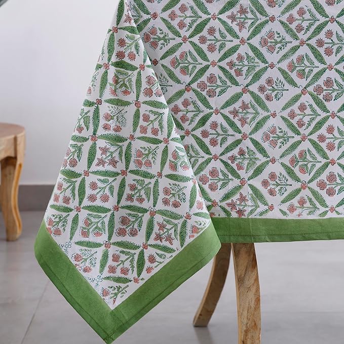 Labhanshi Indian Handblock Print Floral Cotton Rectangle 72x135 Inch 10-Seater Dining Tablecloth|Washable Spring Easter St. Patrick Picnic Outdoor Camping Festive Holiday Table Cover|Green Pink