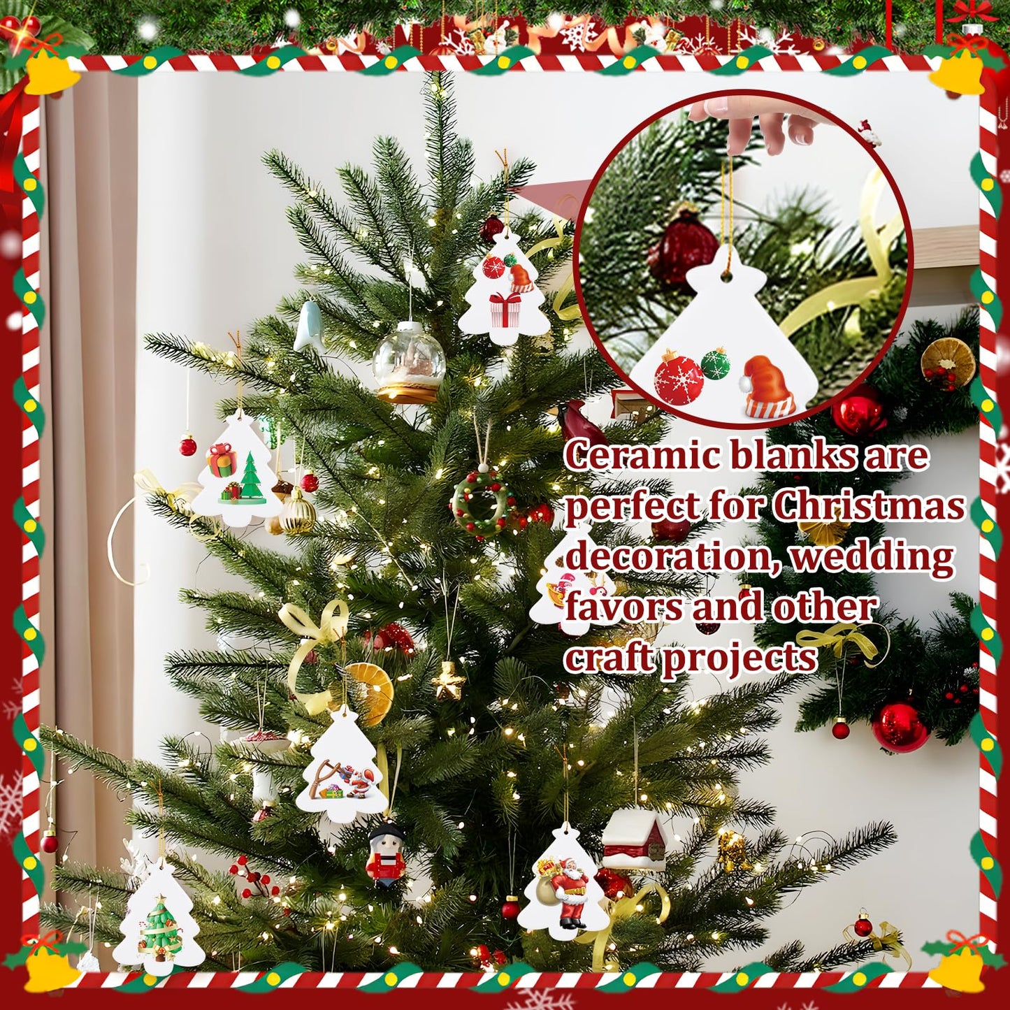 WANDIC Sublimation Ceramic Ornaments Blank, 12Pcs Christmas Tree Shaped Personalized Decoration Bulk White Ceramic Tile with Gold String for Crafting