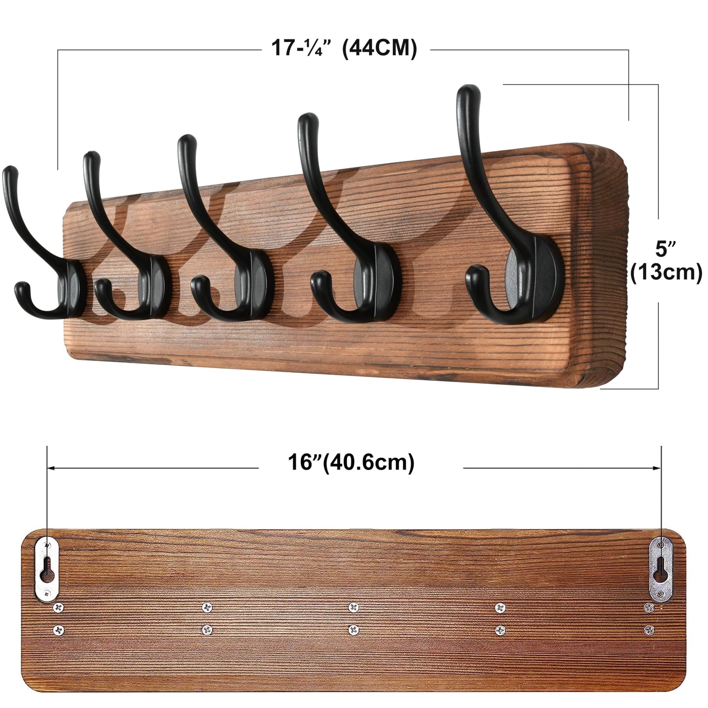 SKOLOO Rustic Wall Mounted Coat Rack with 16 Inch Mounting Hole Distance, Pine Solid Wood Coat Hook Hanger - 5 Hooks for Hanging Clothes Robes Towels Coats