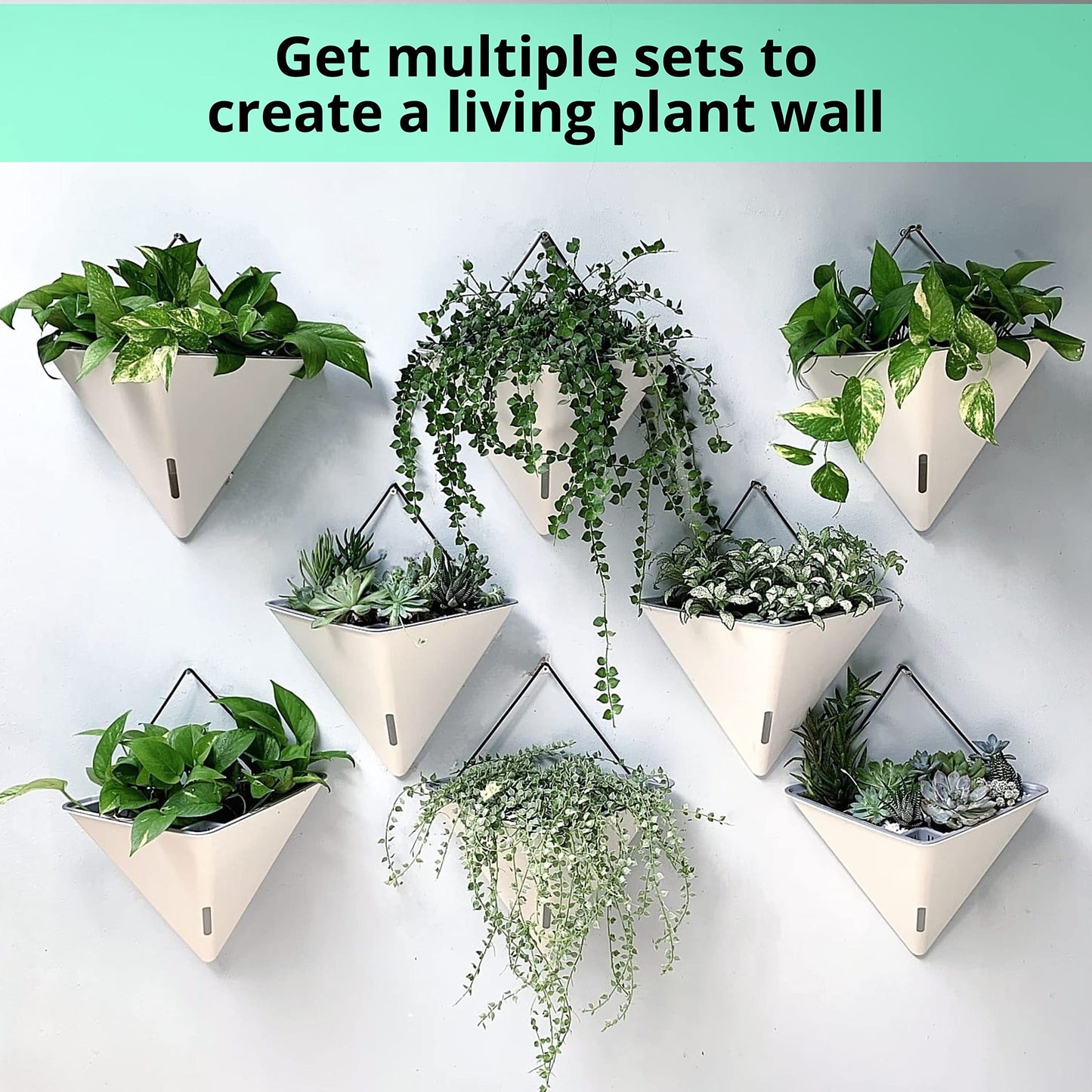 LaLaGreen Bundle - 12" x 6 Pack White + 12" x 2 Pack Gray Large Self Watering Geometric Hanging Flower Vase Vessel with Metal Hanger, Modern Stylish Wall Mounted Succulent Pot Holder Decor