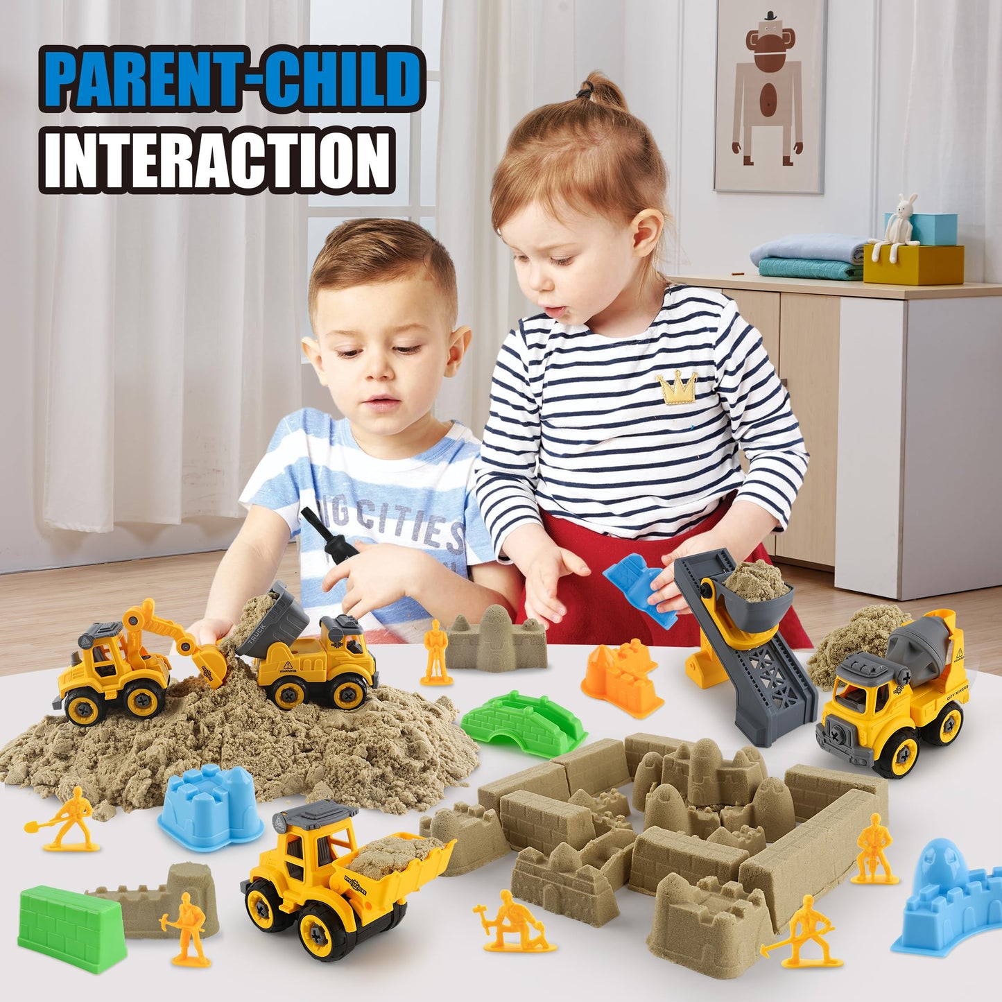 YIDESTARS Construction Sandbox with Lid - 4 Vehicles with 1 Conveyor, 8 Castle Molds, 6 Figures & 3lbs Moldable Sand - Preschool Sensory Bin for Fine Motor Skills, Ages 3-6